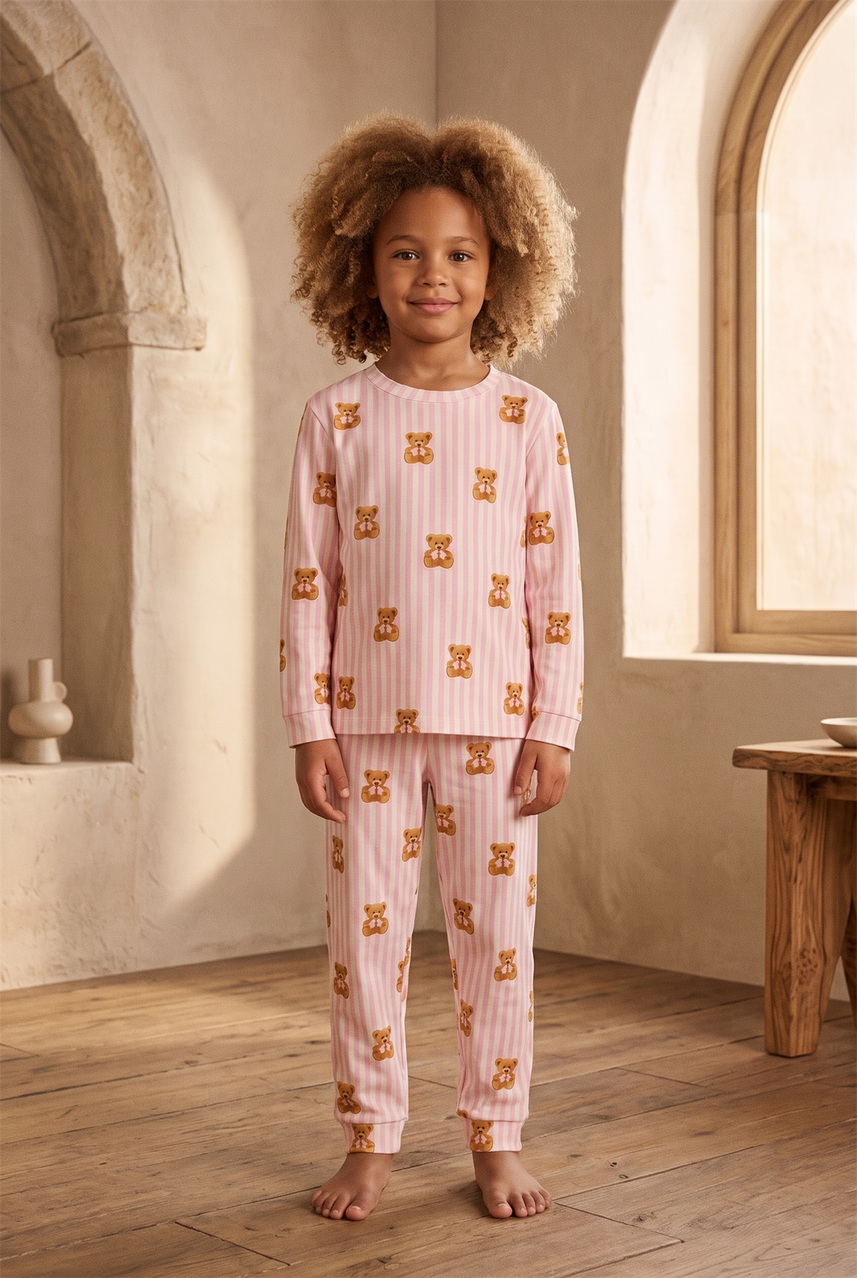 Kız Çocuk Teddy Desenli Pijama Takımı Pembe
