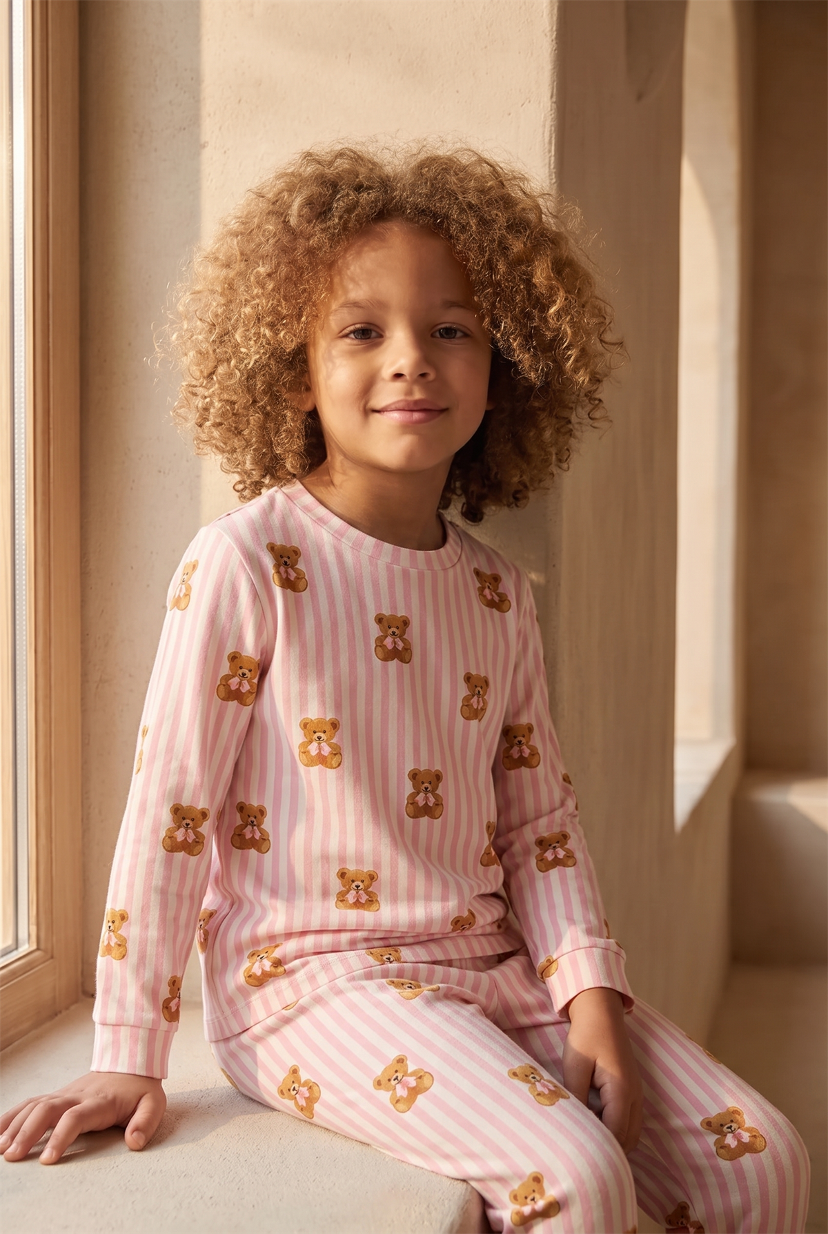 Kız Çocuk Teddy Desenli Pijama Takımı Pembe