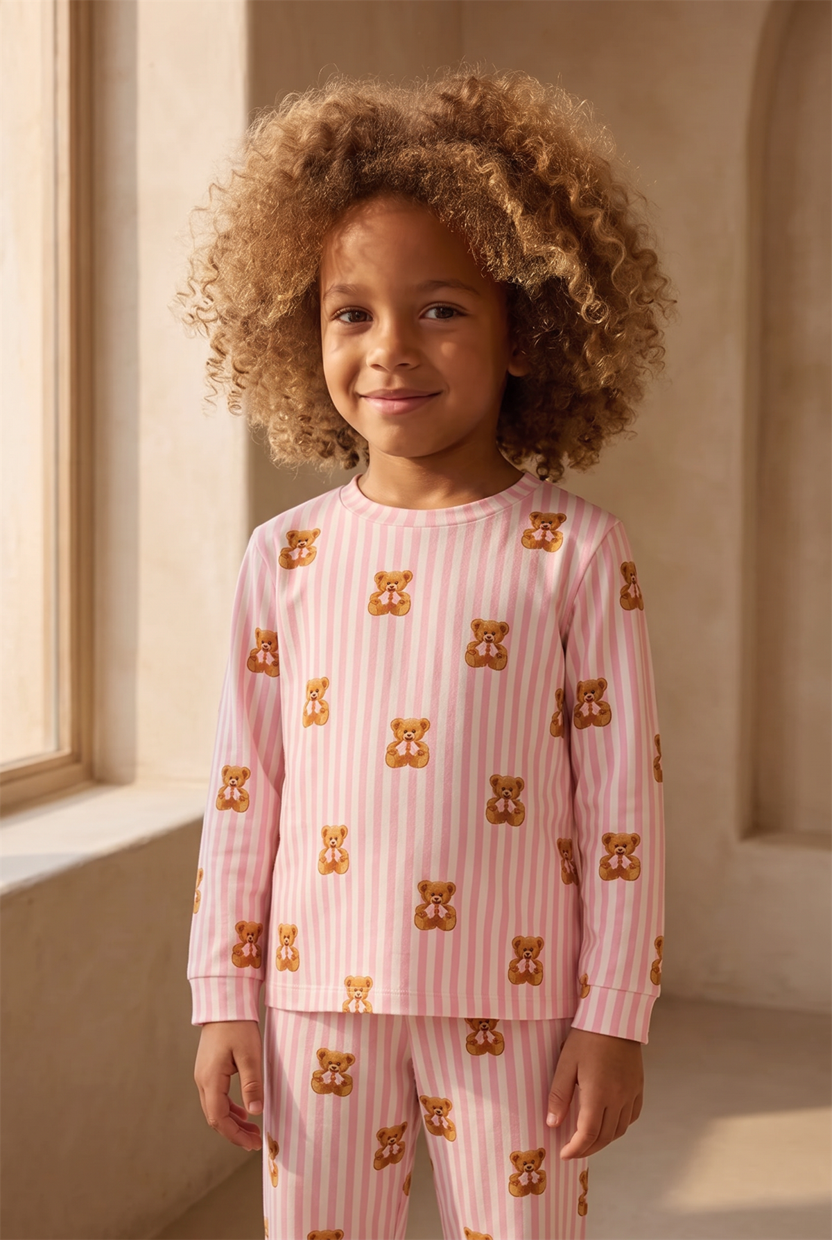 Kız Çocuk Teddy Desenli Pijama Takımı Pembe