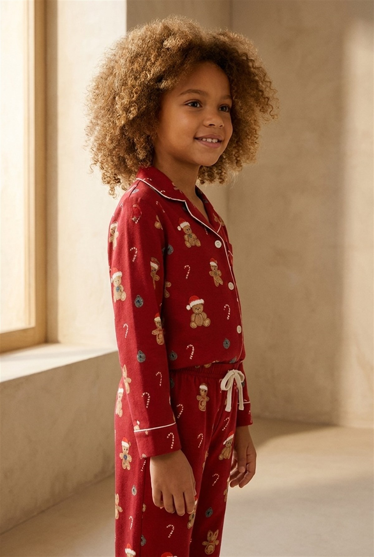 Kız Çocuk Teddy Desenli Yılbaşı Temalı Pijama Takımı Kırmızı