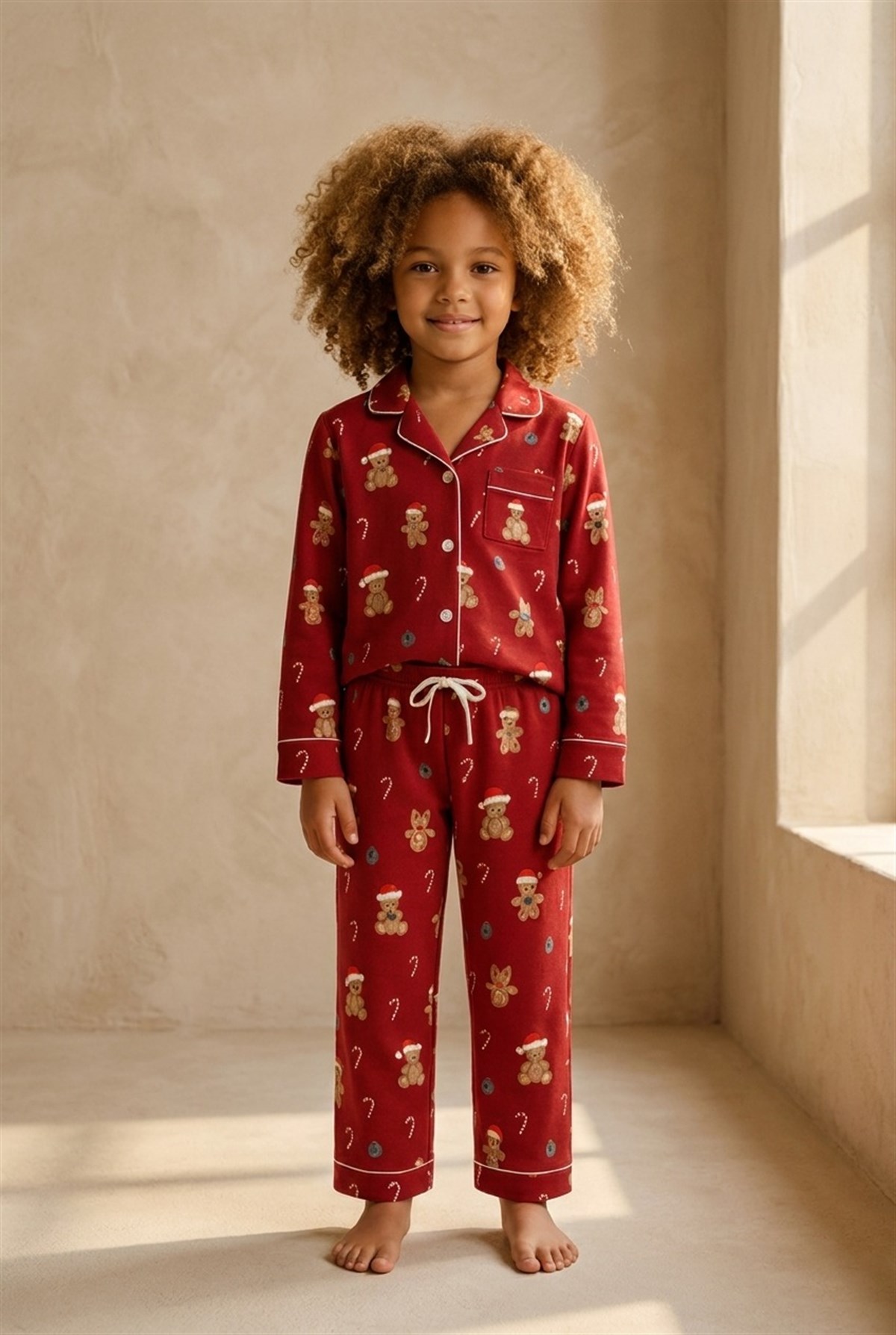Kız Çocuk Teddy Desenli Yılbaşı Temalı Pijama Takımı Kırmızı