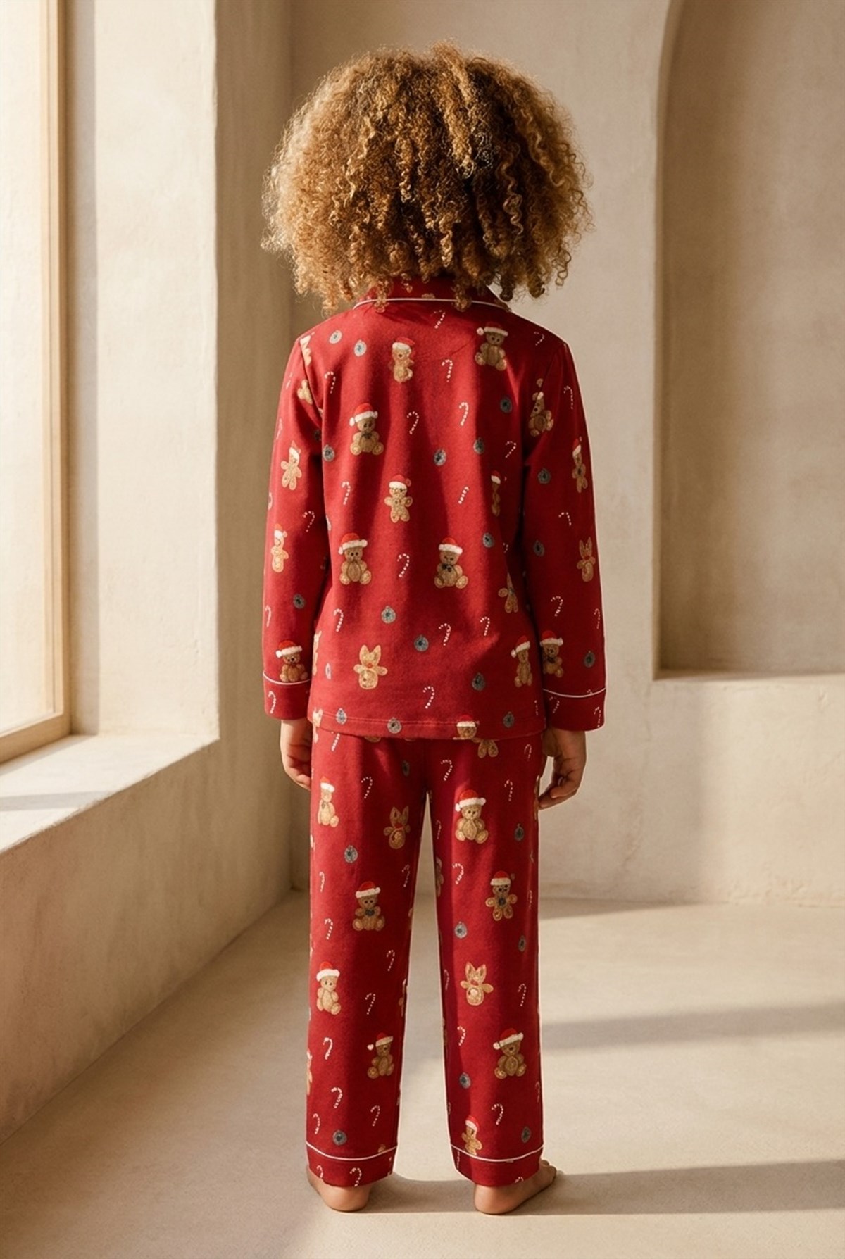 Kız Çocuk Teddy Desenli Yılbaşı Temalı Pijama Takımı Kırmızı