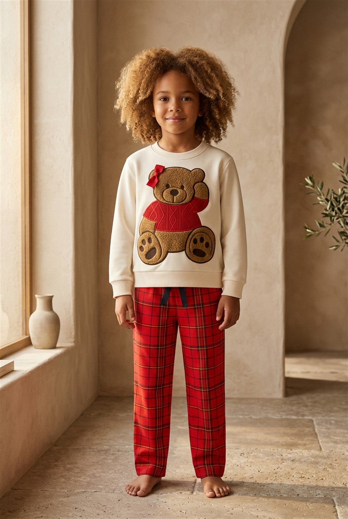 Kız Çocuk Teddy Pantolon Pijama Altı Kırmızı