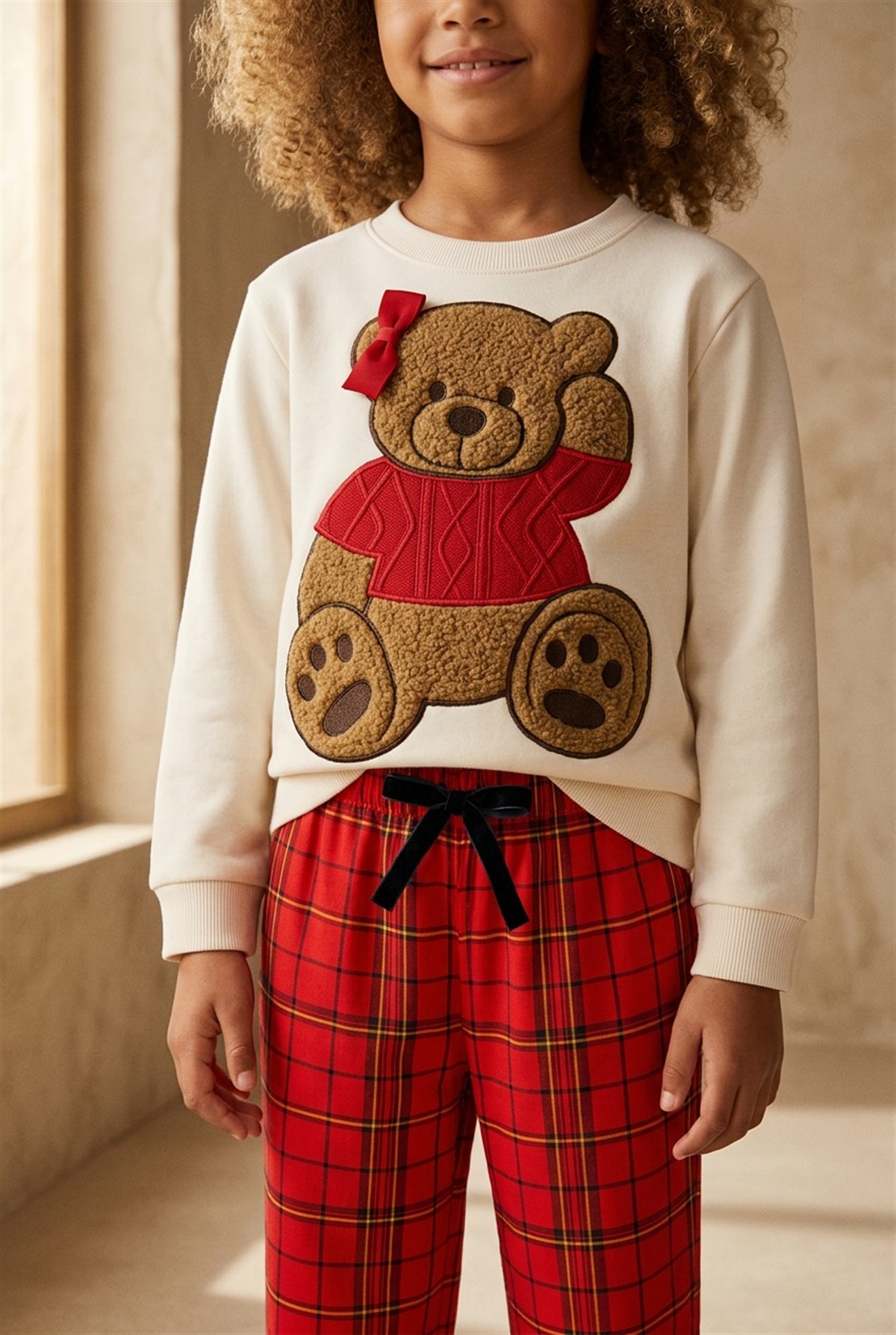 Kız Çocuk Teddy Sweatshirt Pijama Üstü Ekru