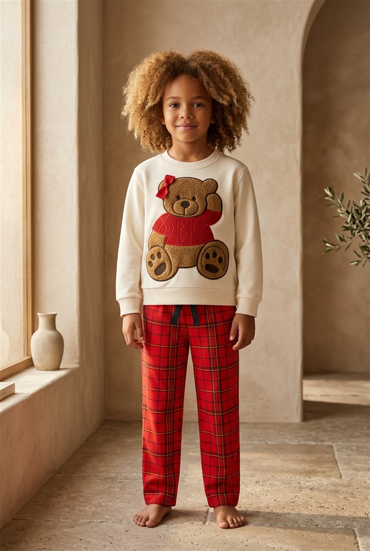 Kız Çocuk Teddy Sweatshirt Pijama Üstü Ekru