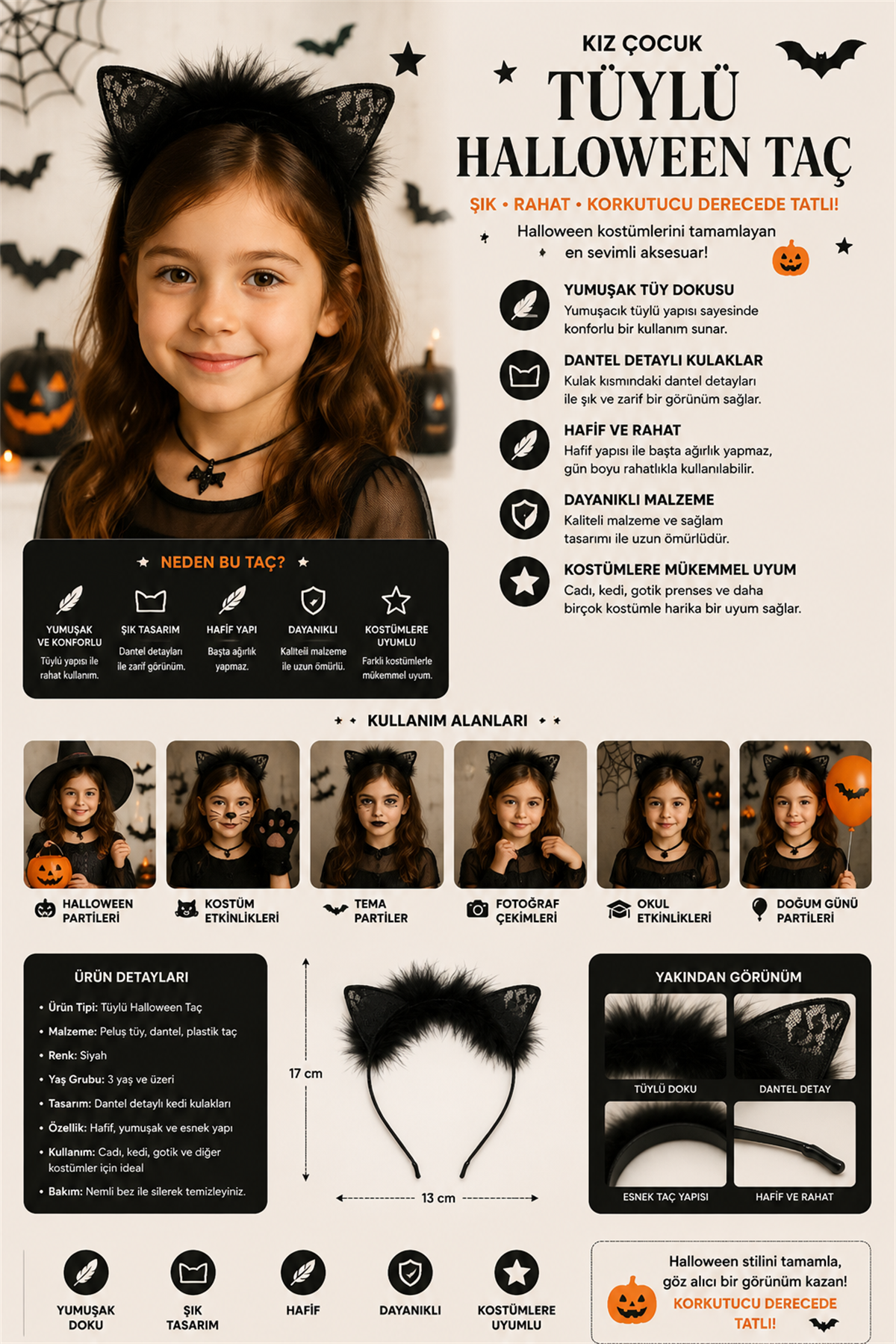 Kız Çocuk Tüylü Halloween Taç Siyah