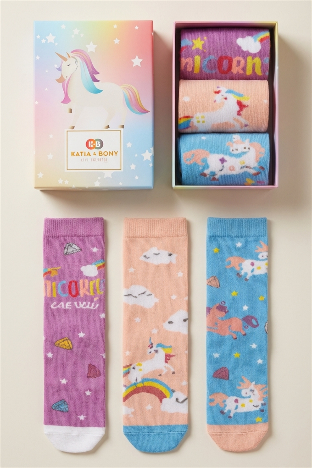 Kız Çocuk Unicorn Desenli 3Lü Kutulu Soket Çorap