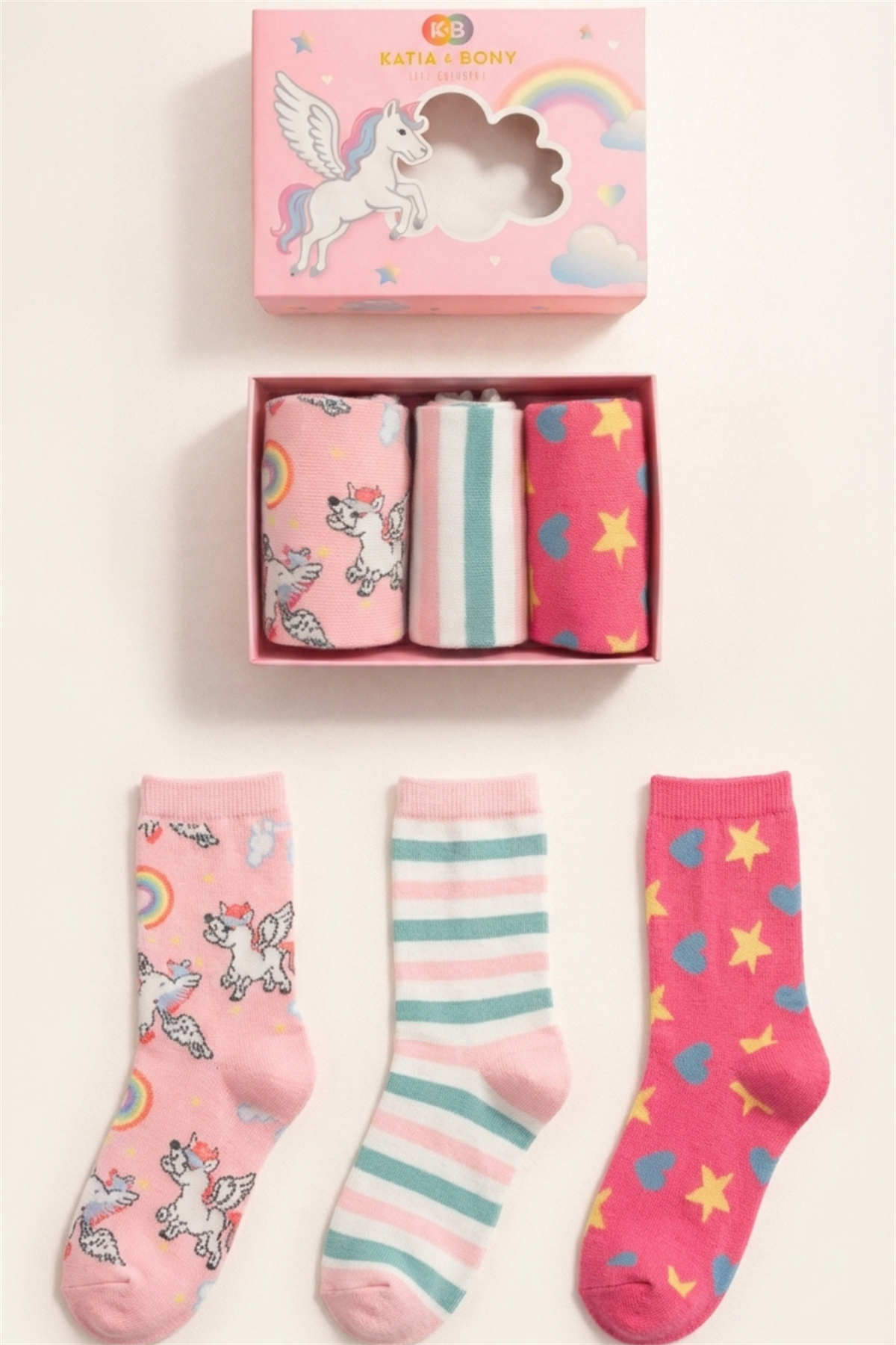 12601K2032 3PCK UNICORN BOXED GIRL SOCKET SOCKS Pembe Patterned