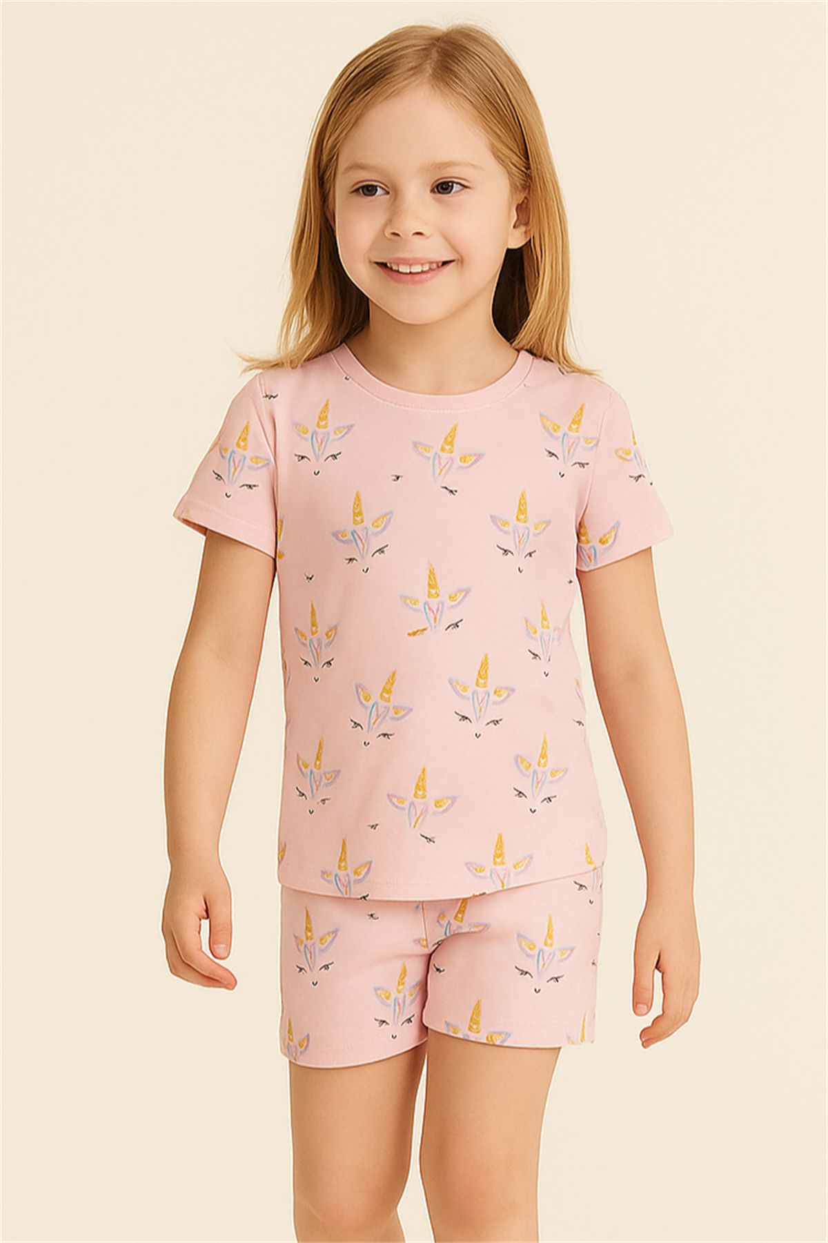 Kız Çocuk Unicorn Desenli Şortlu Pijama Takımı Açık Pembe