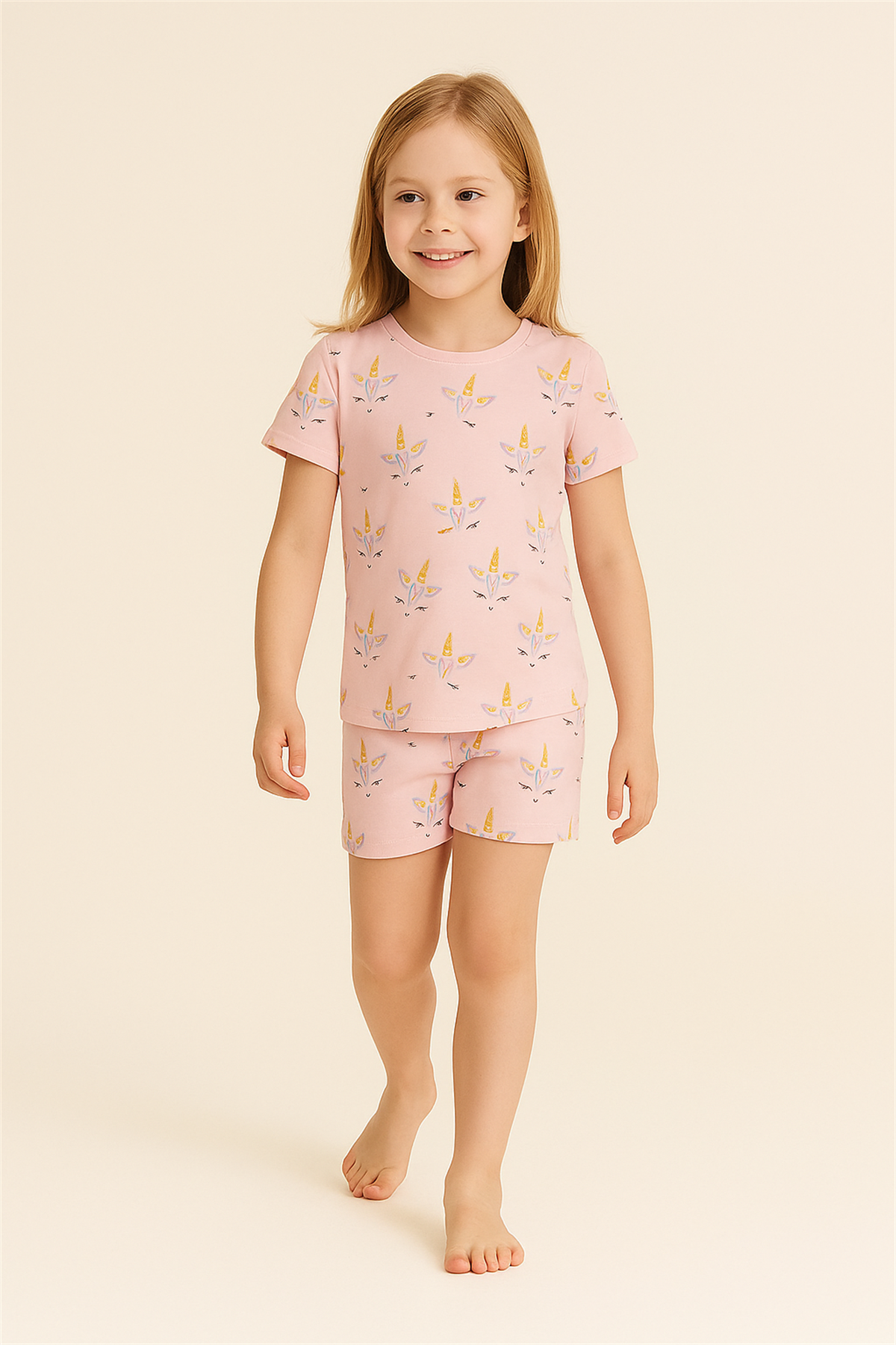 Kız Çocuk Unicorn Desenli Şortlu Pijama Takımı Açık Pembe