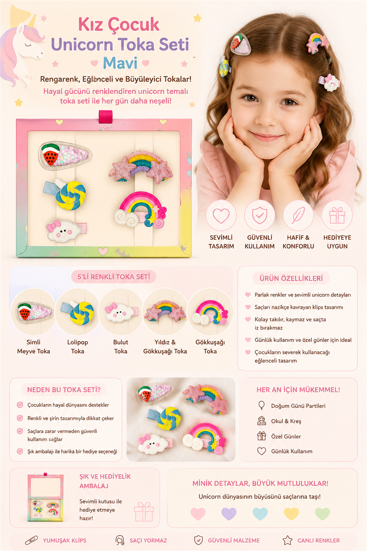 Kız Çocuk Unicorn Toka Seti Mavi