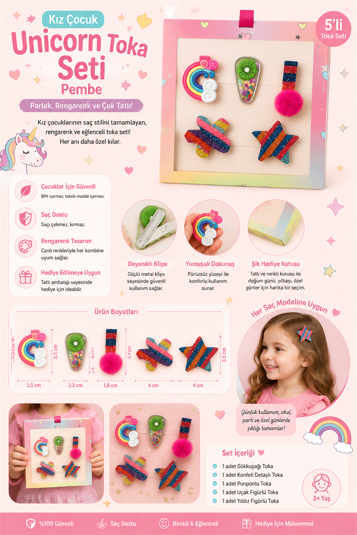 Kız Çocuk Unicorn toka seti Pembe