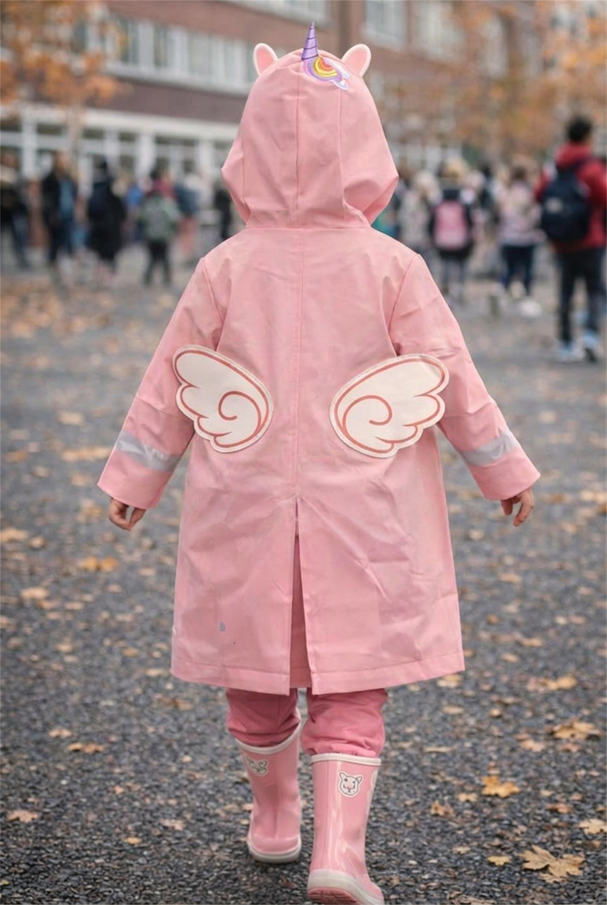 Kız Çocuk Unicorn ve Gökkuşağı Desenli Şapkalı Yağmurluk Pembe