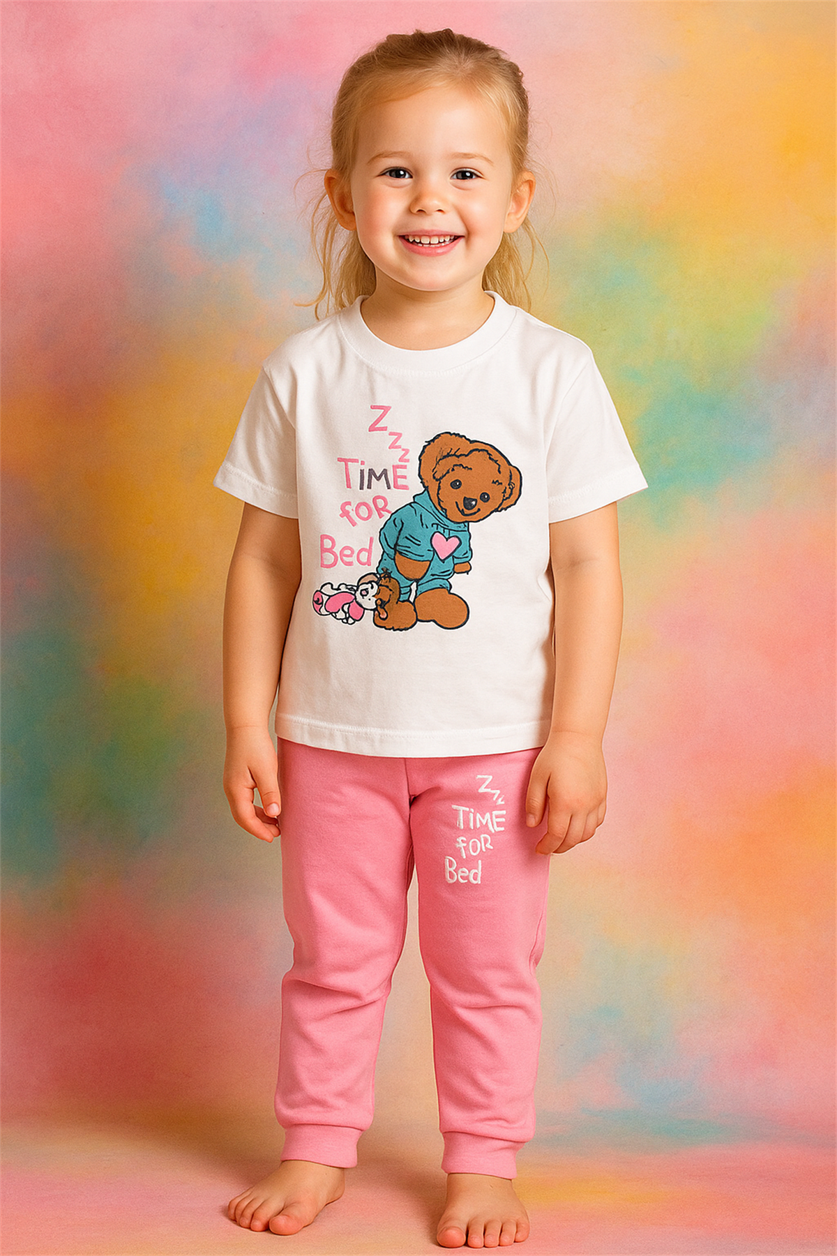 Kız Çocuk Uykucu Ayıcık Desenli Kısa Kollu Pijama Takımı