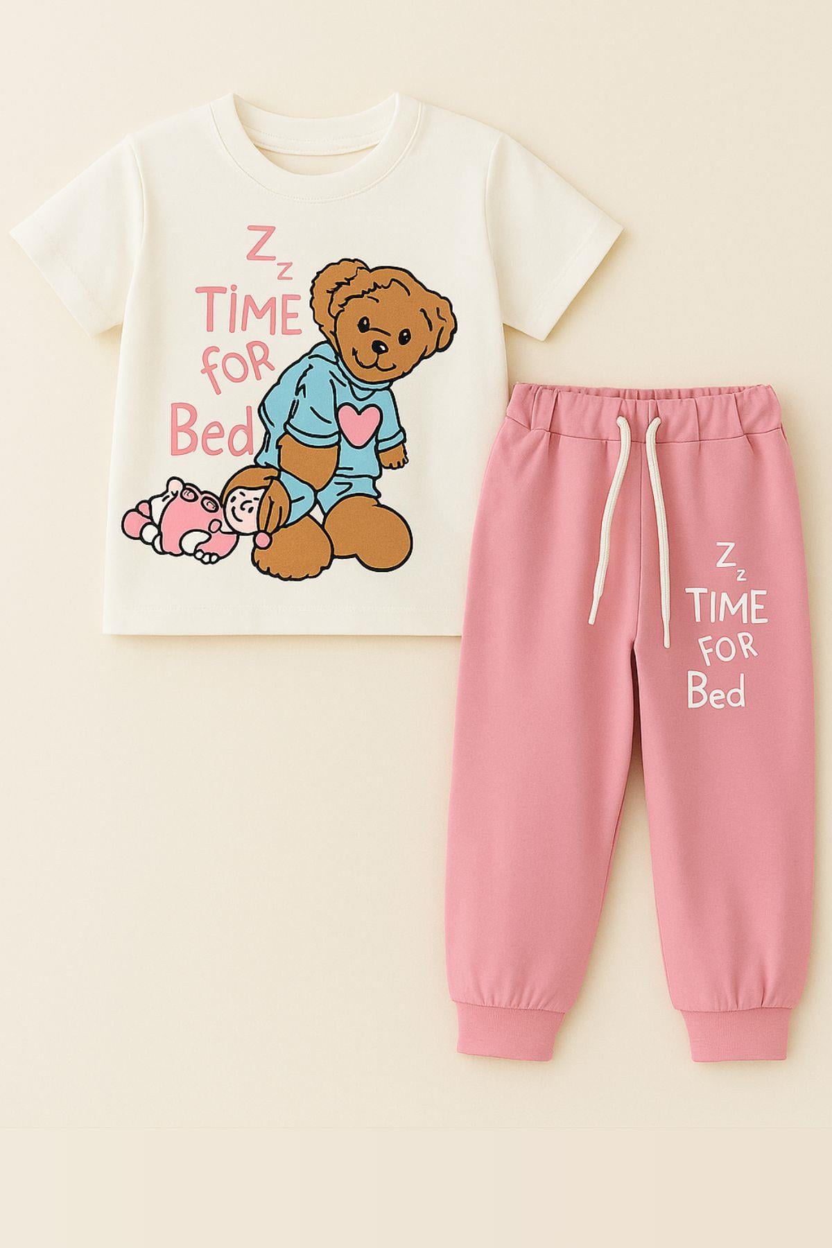 Kız Çocuk Uykucu Ayıcık Desenli Kısa Kollu Pijama Takımı