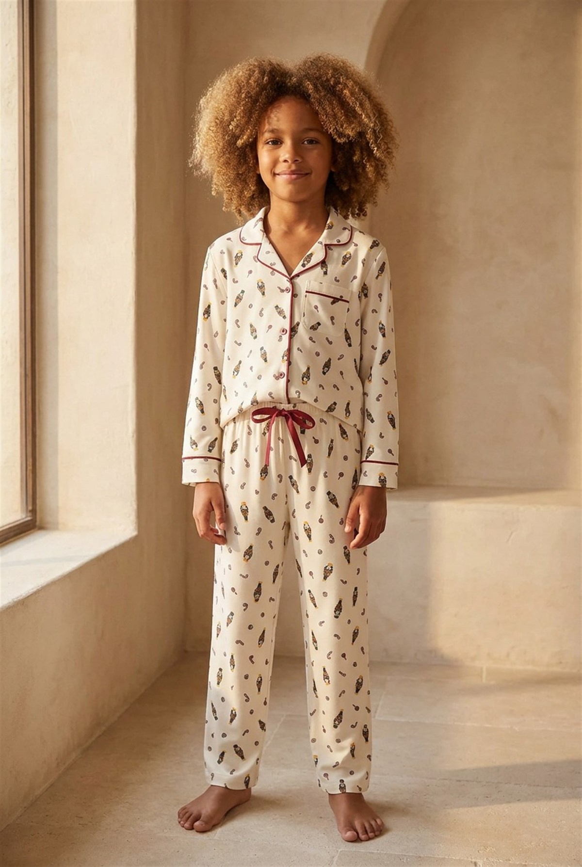 Kız Çocuk Yılbaşı Temalı Pijama Takımı Ekru