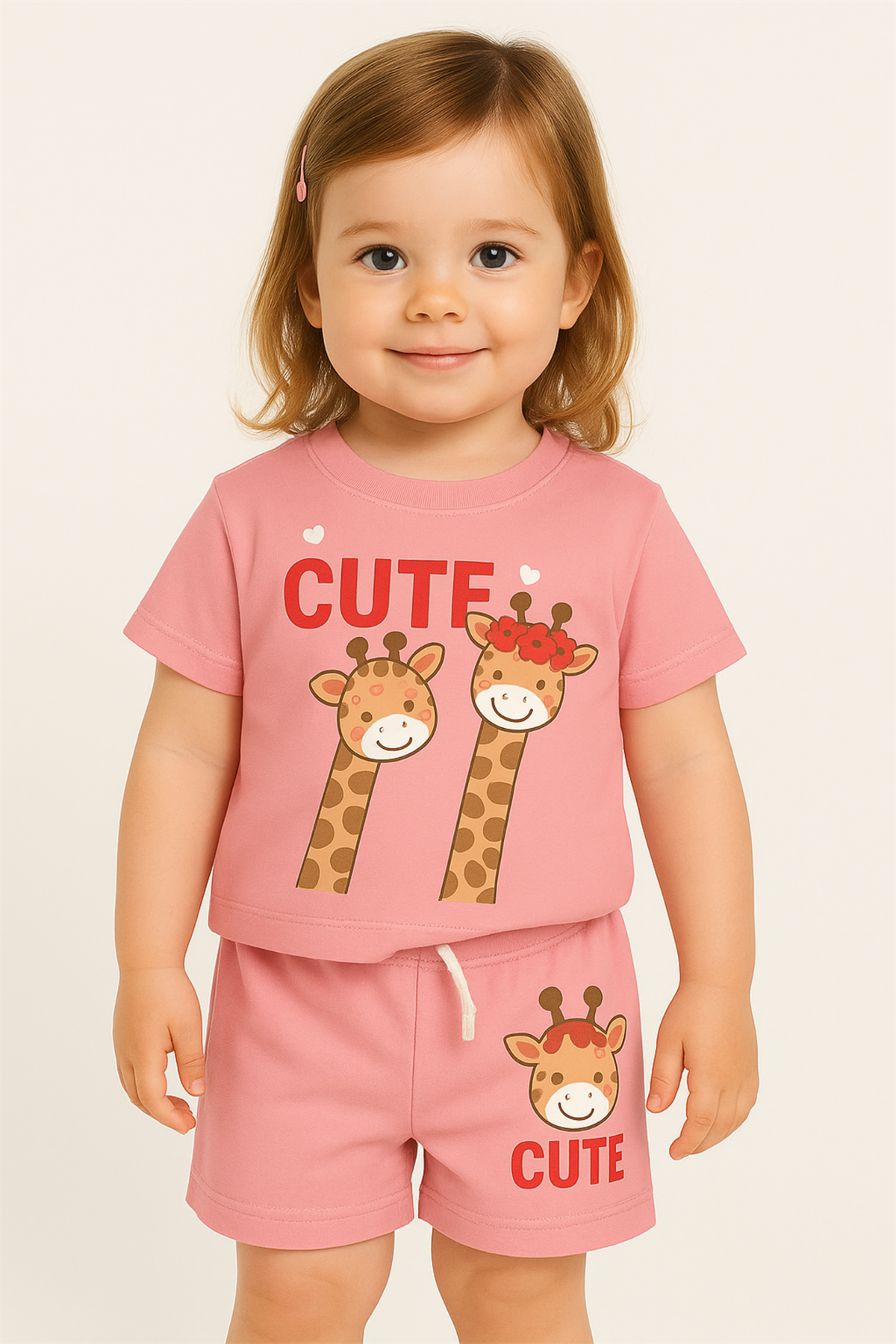 Girls Pink Giraffe Patterned Pajama Set with Shorts
