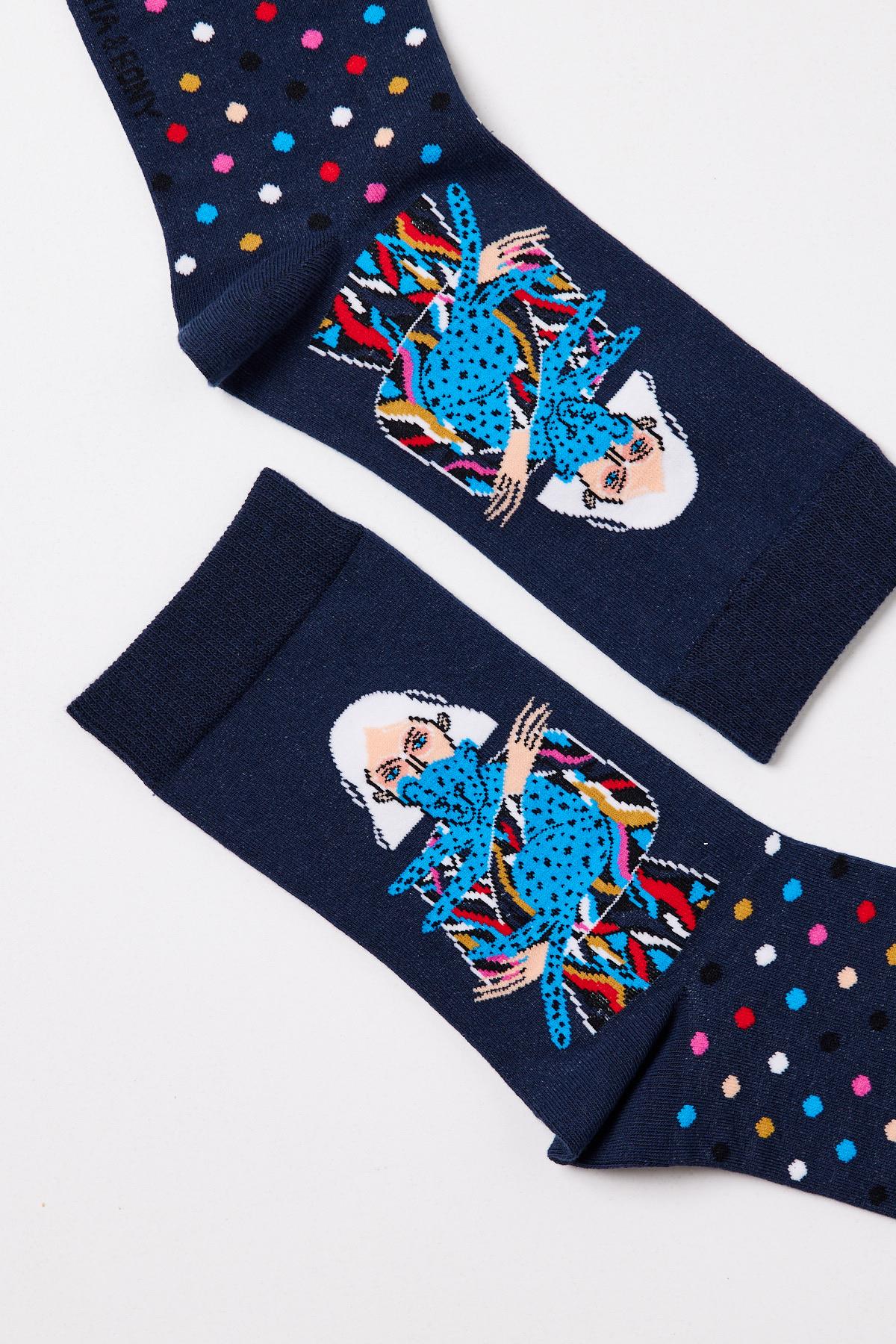 Womens Sock with Girl Figure Navy Blue