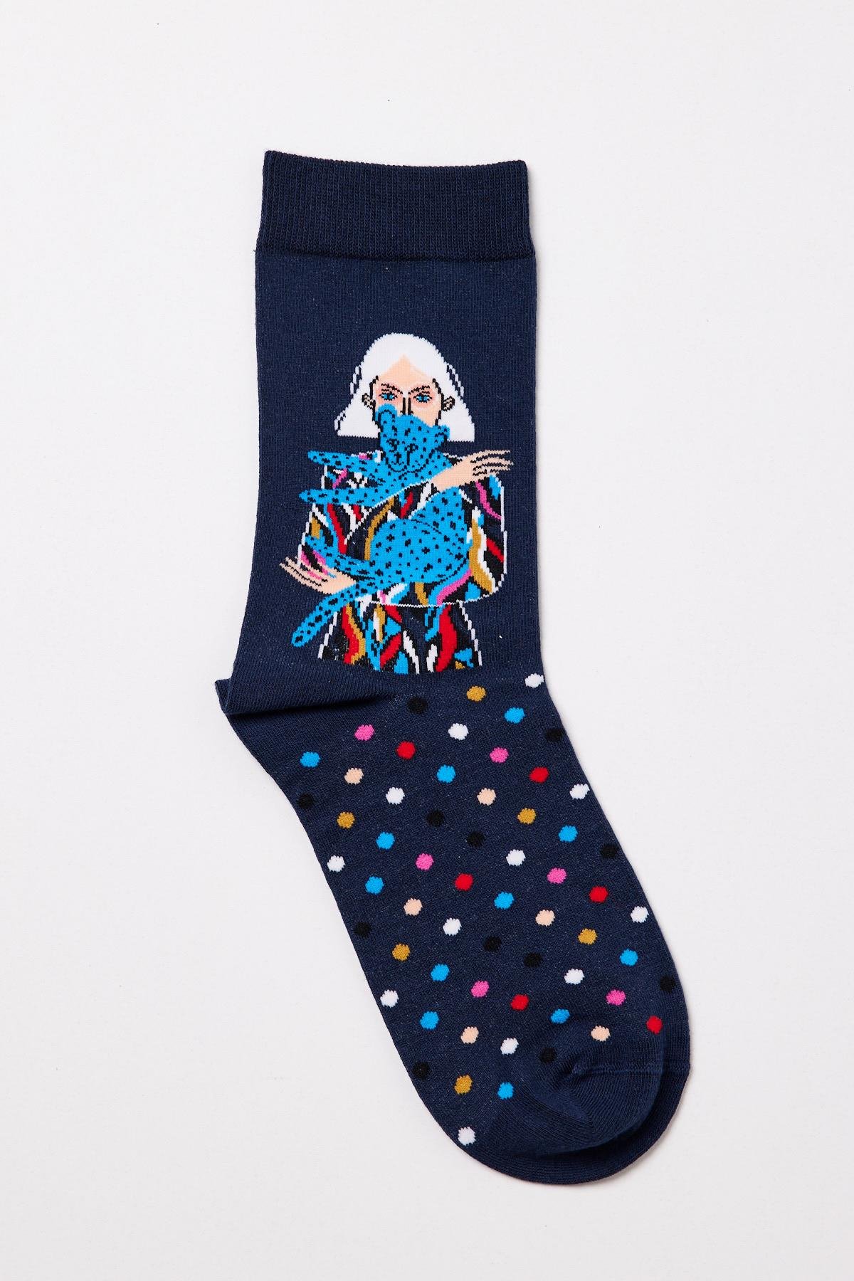 Womens Sock with Girl Figure Navy Blue