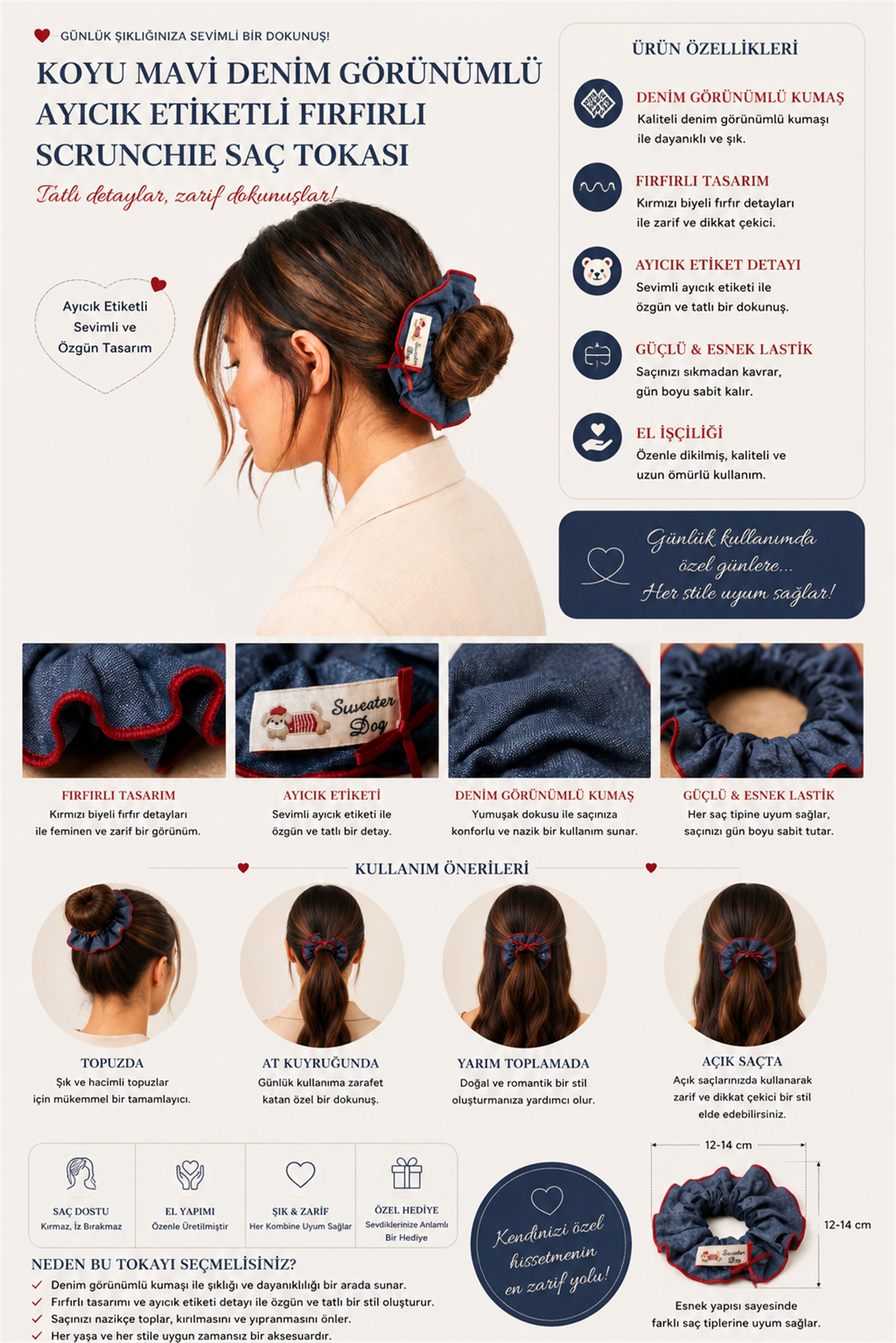 Koyu Mavi Denim Görünümlü Ayıcık Etiketli Fırfırlı Scrunchie Saç Tokası