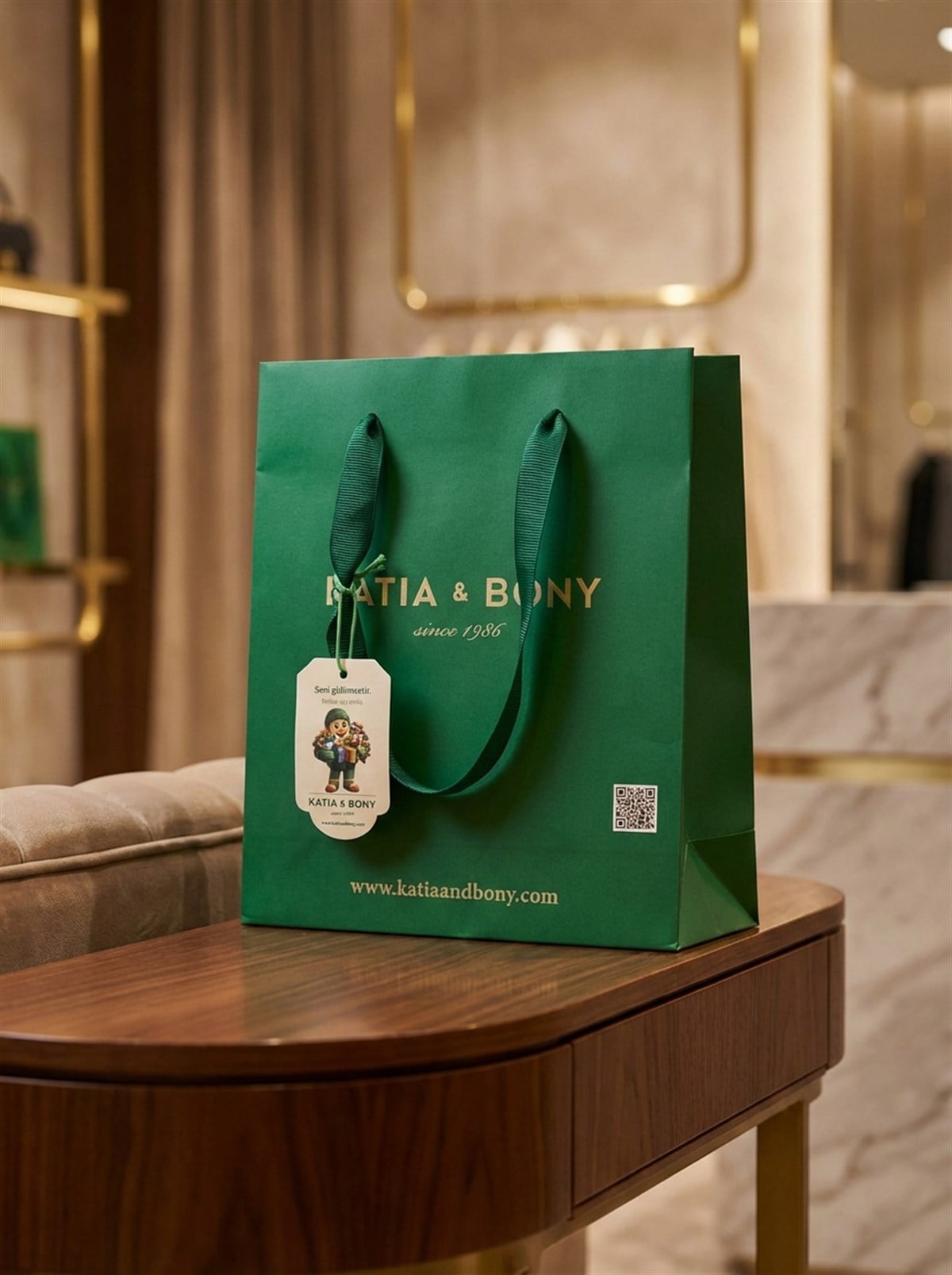 Katia & Bony Premium Baskılı Kraft Orta Boy Hediye Çantası – Lüks Sunum Serisi Yeşil