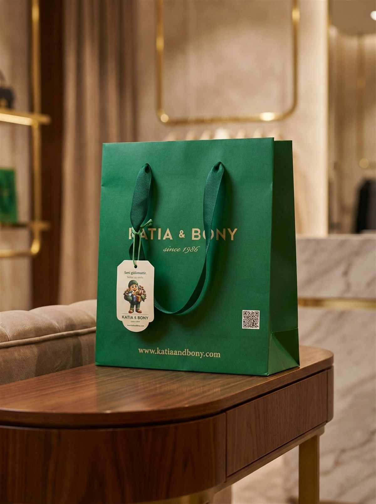 Katia & Bony Premium Baskılı Kraft Küçük Boy Hediye Çantası – Lüks Sunum Serisi Yeşil