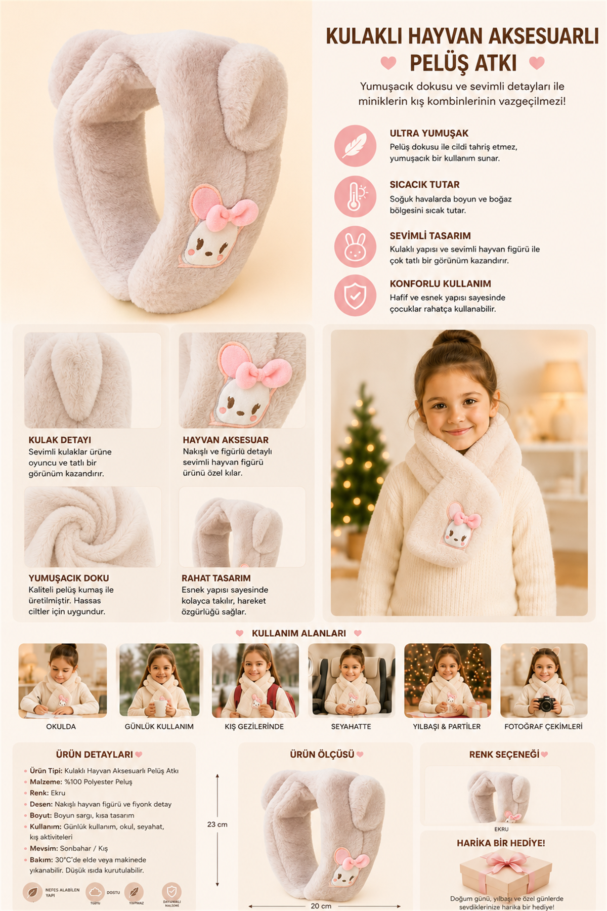 Kulaklı Hayvan Aksesuarlı Peluş Atkı Ekru