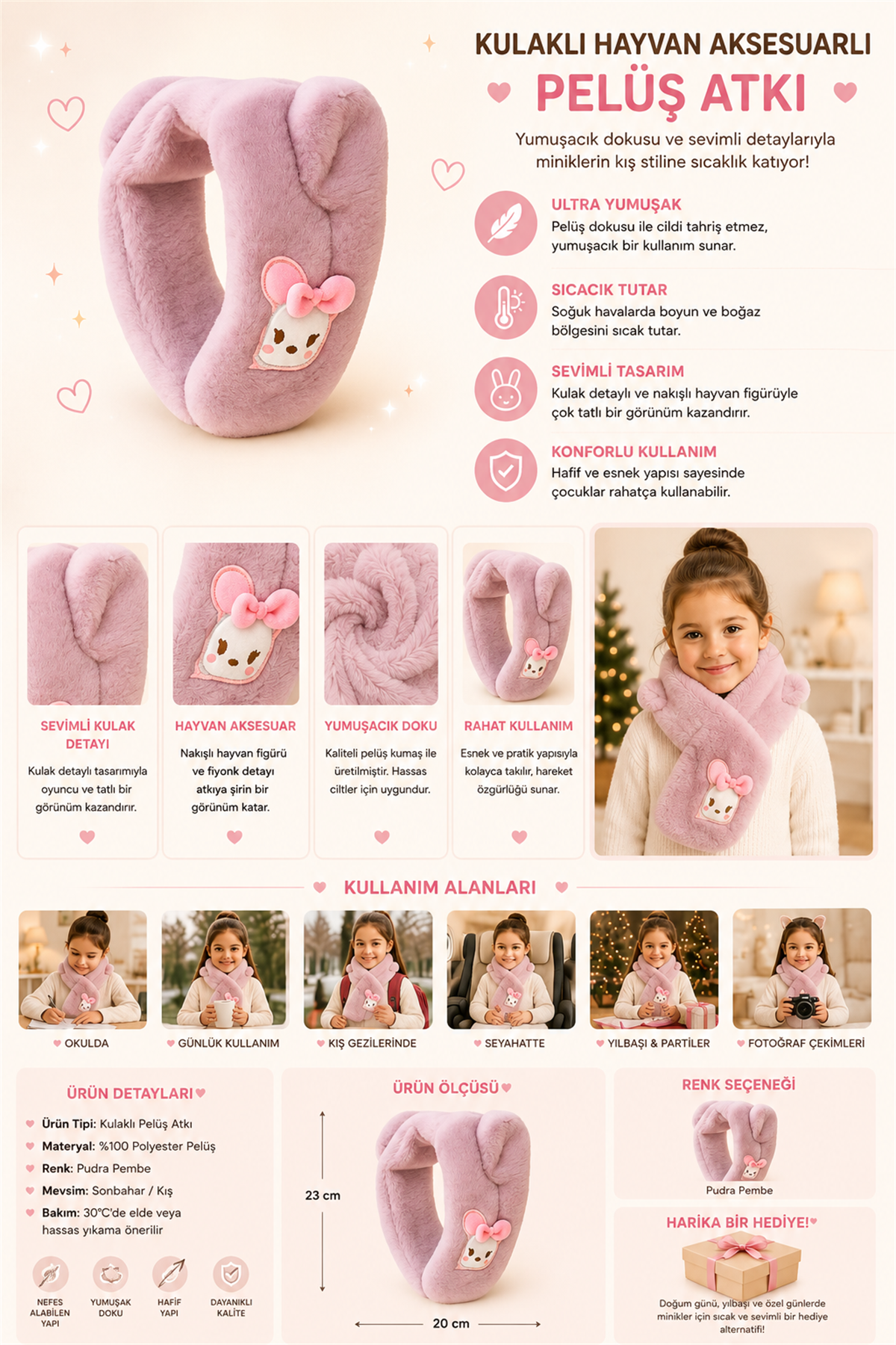 Kulaklı Hayvan Aksesuarlı Peluş Atkı Pembe
