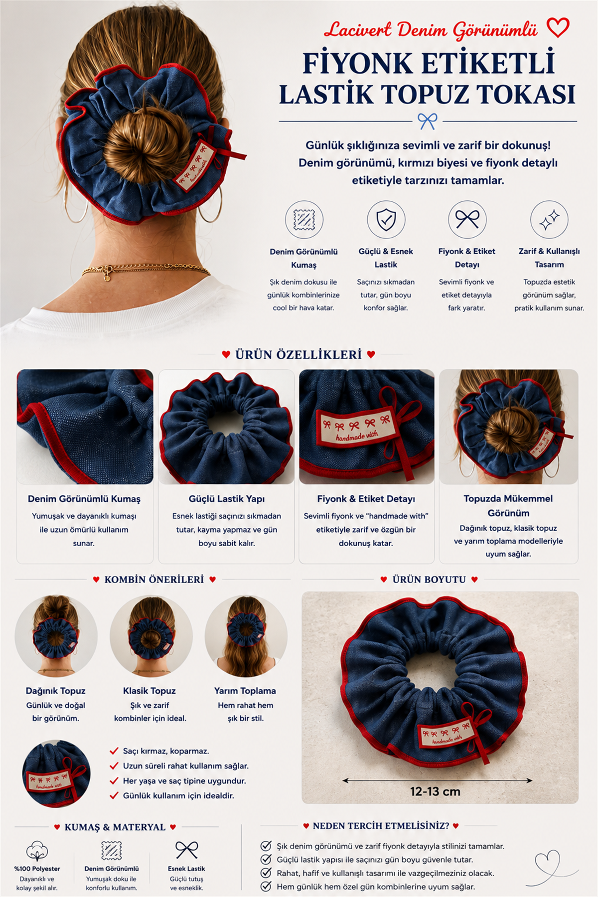 Lacivert Denim Görünümlü Fiyonk Etiketli Lastik Topuz Tokası