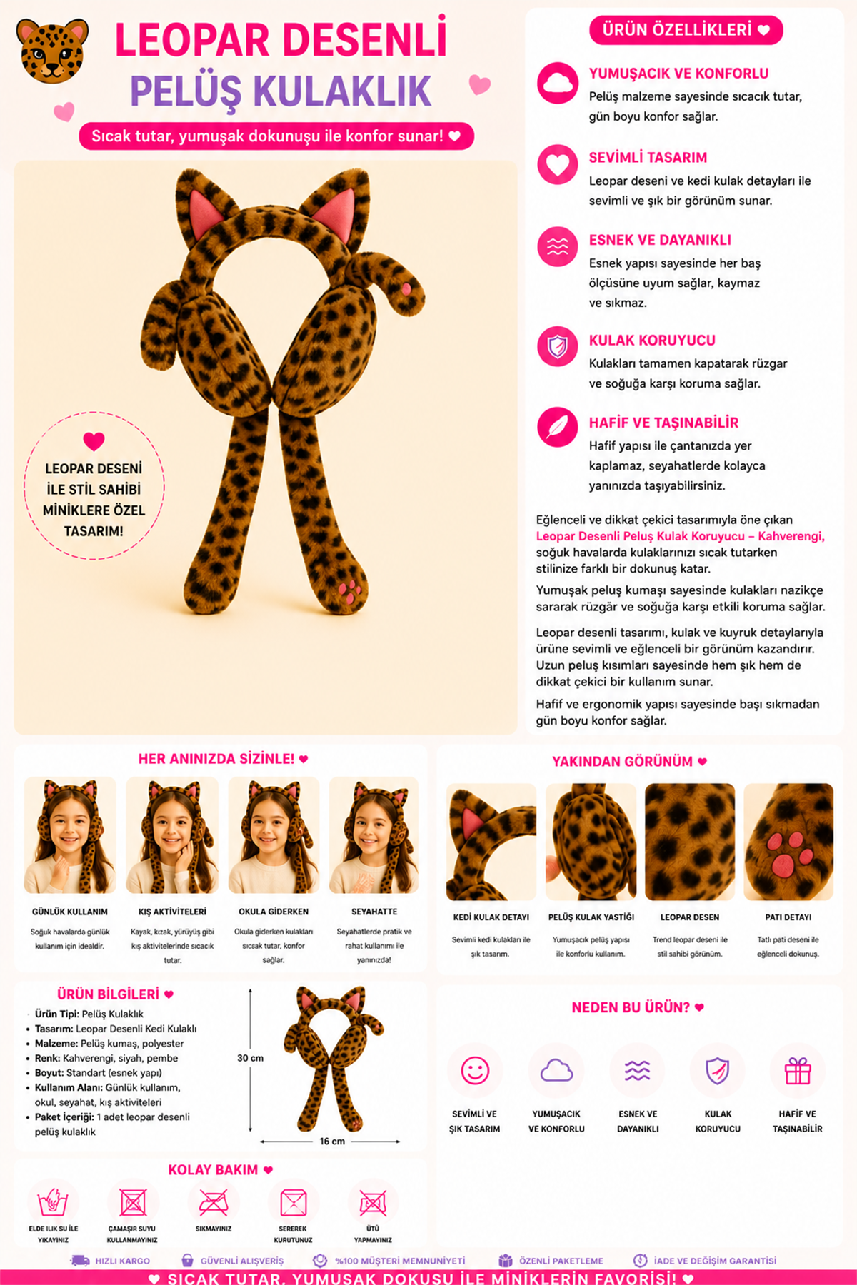 Leopar Desenli Peluş Kulaklık