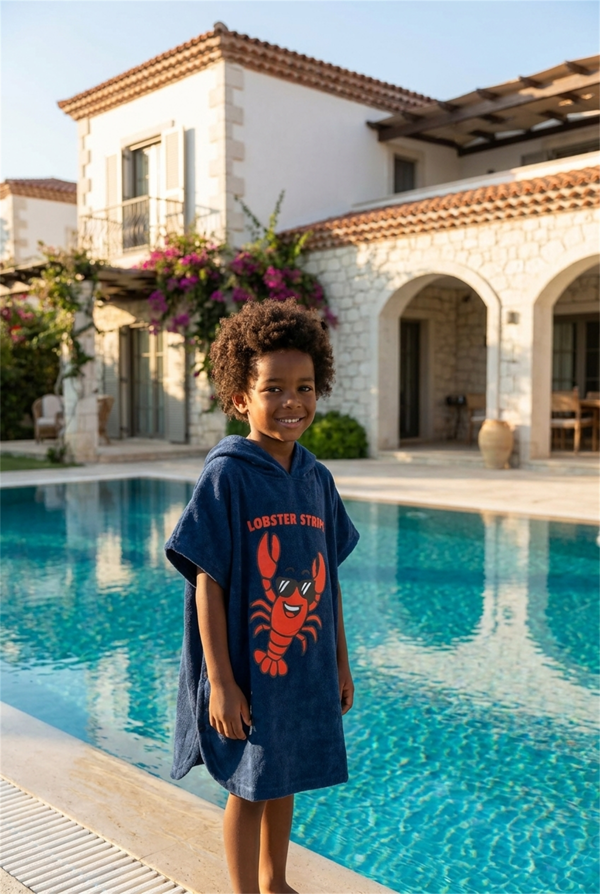 Lobster Stripe Kapüşonlu Çocuk Lacivert Plaj Pançosu