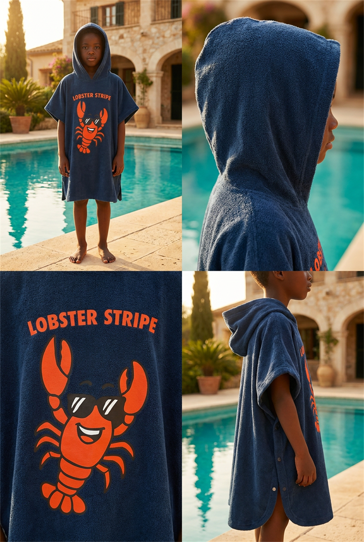 Lobster Stripe Kapüşonlu Çocuk Lacivert Plaj Pançosu
