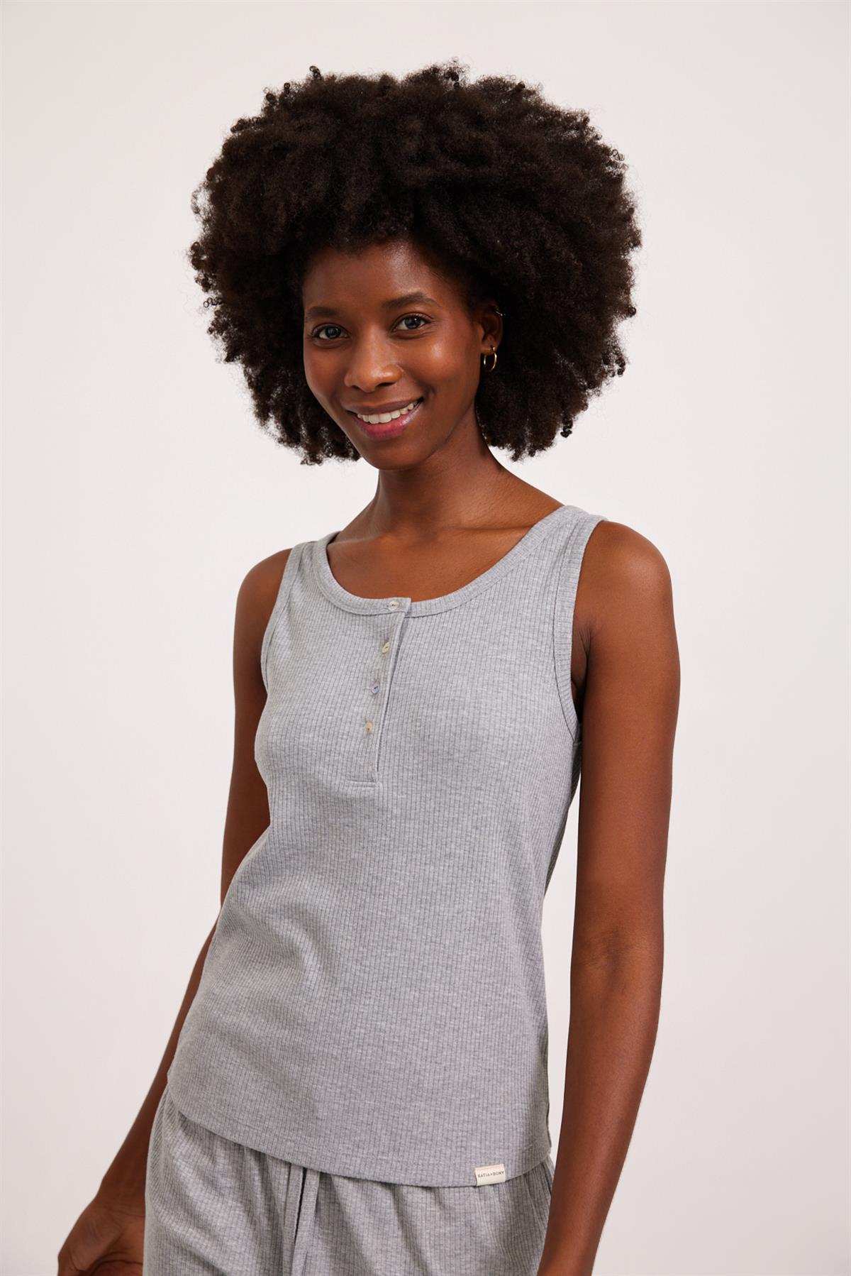 Kadın Loungewear Düğmeli Atlet Gri-Melanj