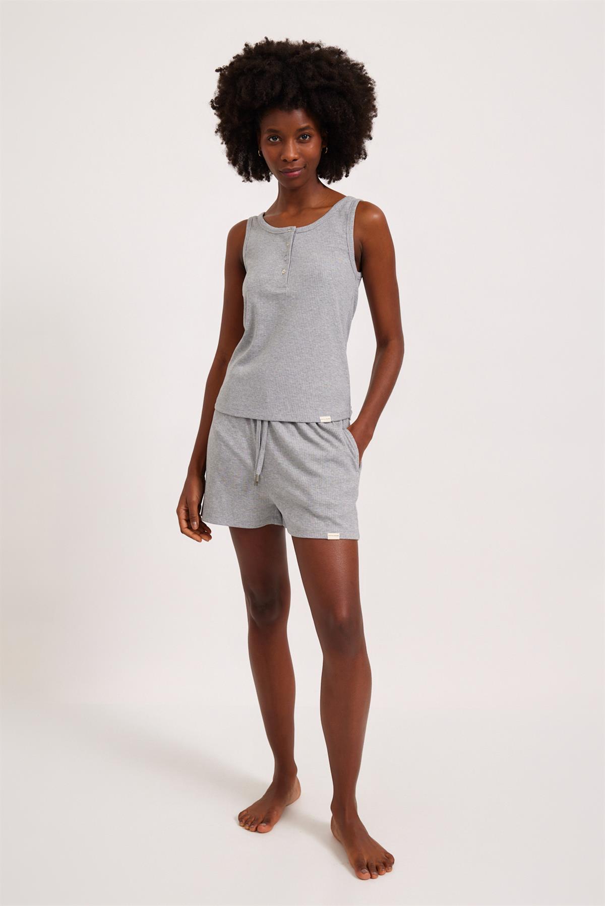 Kadın Loungewear Düğmeli Atlet Gri-Melanj