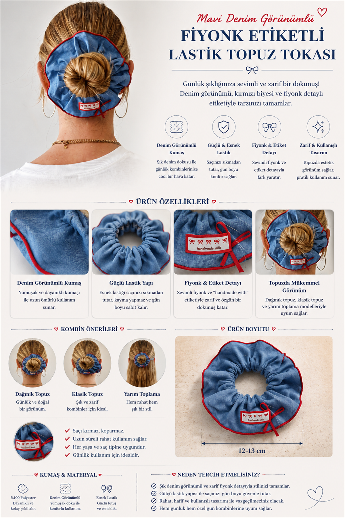 Mavi Denim Görünümlü Fiyonk Etiketli Lastik Topuz Tokası
