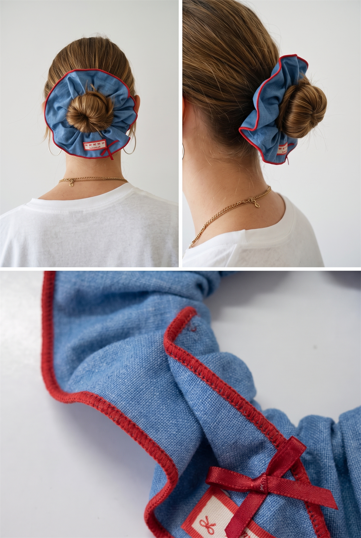 Mavi Denim Görünümlü Fiyonk Etiketli Lastik Topuz Tokası