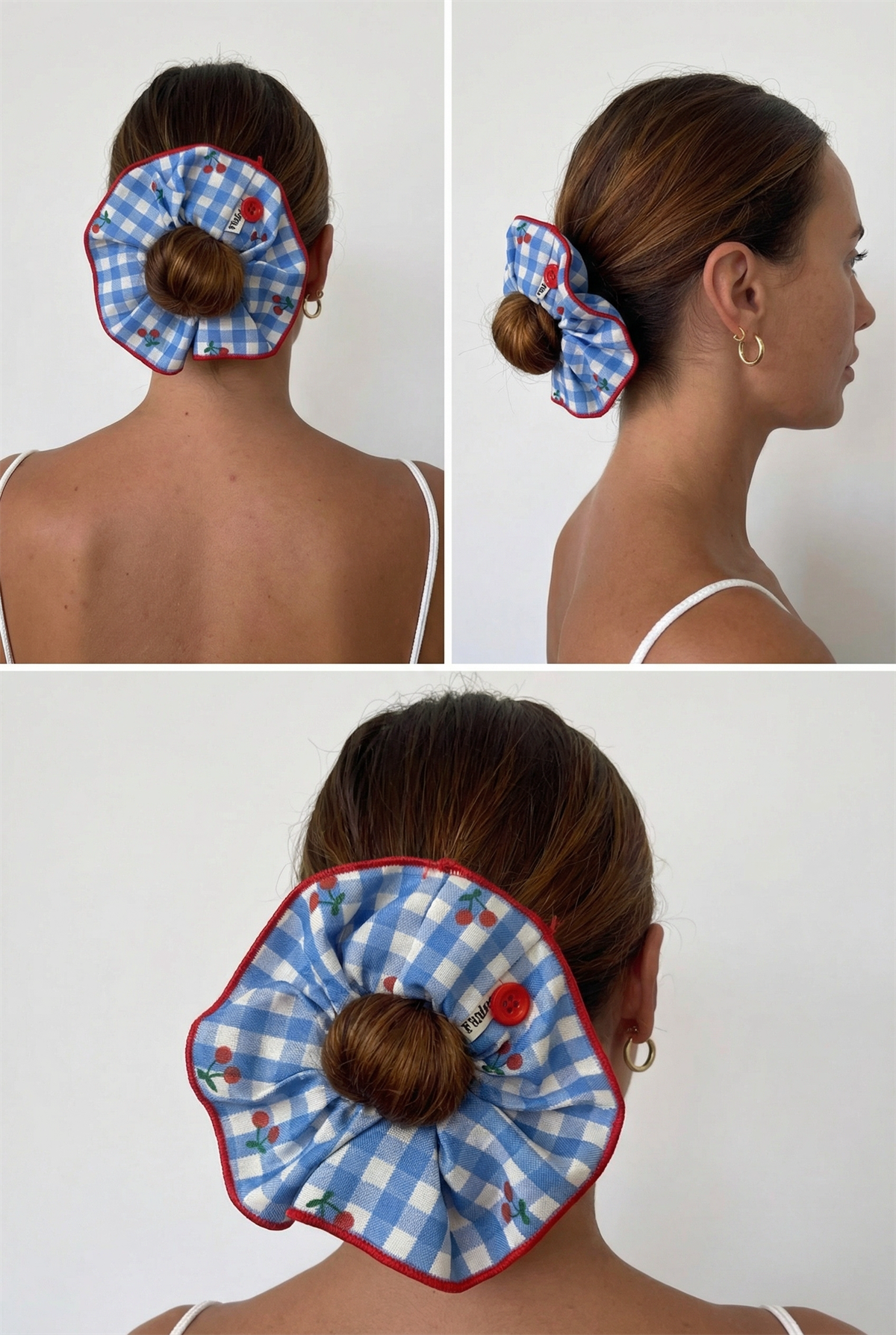 Blue Checkered Cherry Pattern Buttoned Elastic Buckle