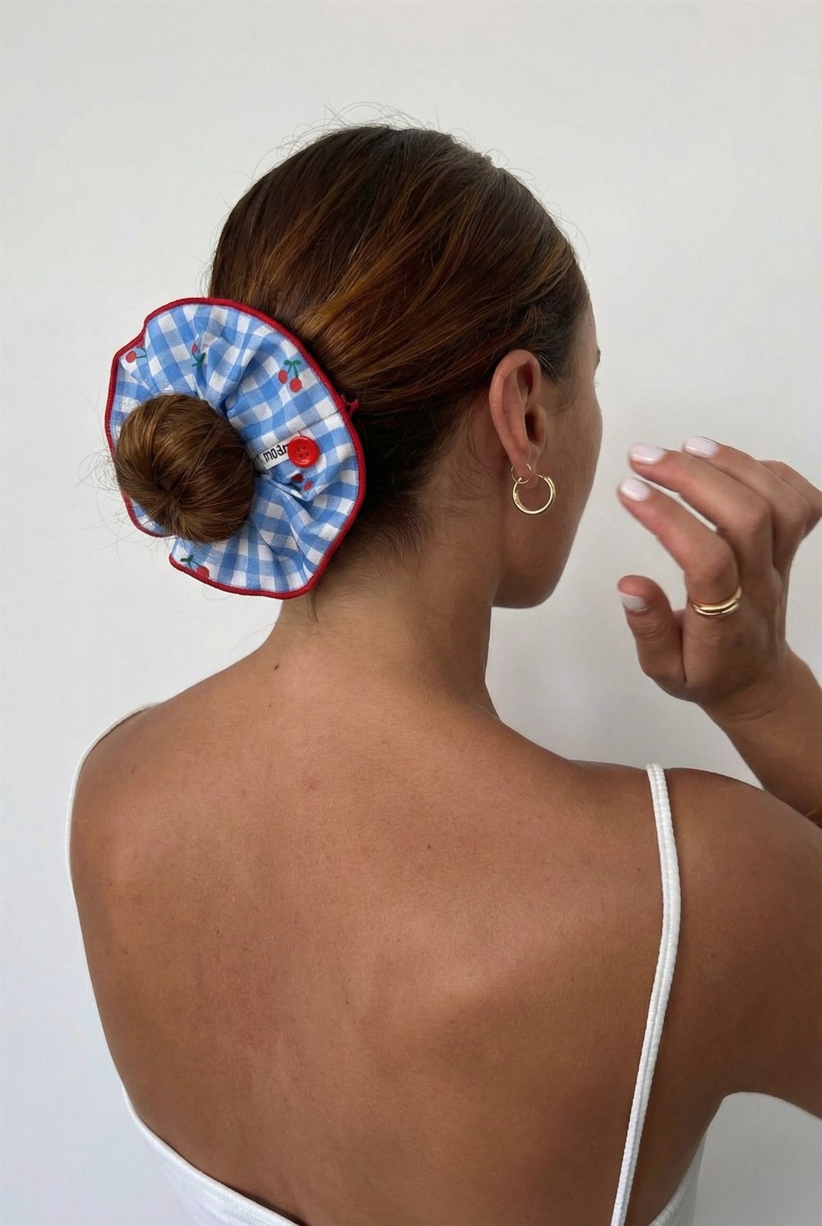 Blue Checkered Cherry Pattern Buttoned Elastic Buckle