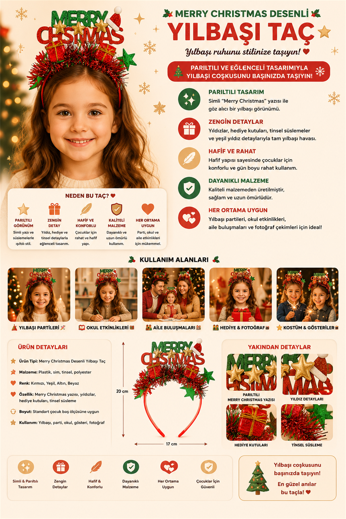 Merry Christmas Desenli Yılbaşı Taç