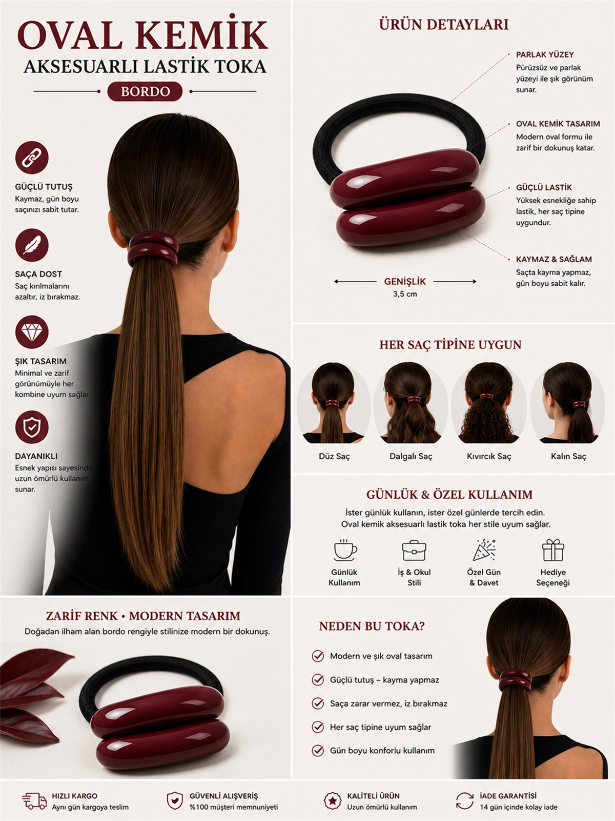 Oval kemik Aksesuarlı Lastik Toka Bordo