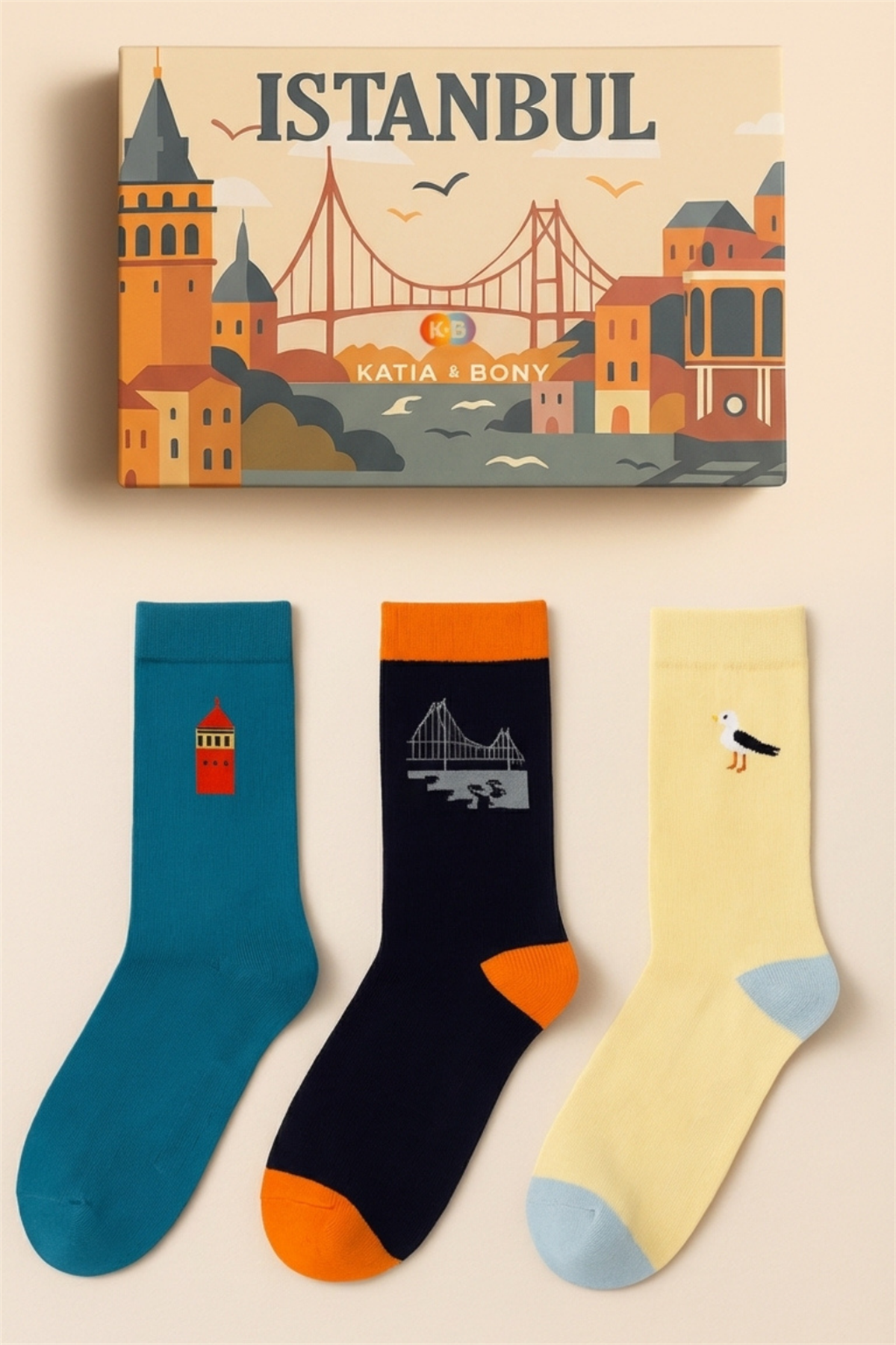 Özel İstanbul Koleksiyonu Kutulu 3lü Şehir İkonları Unisex Çorap Seti