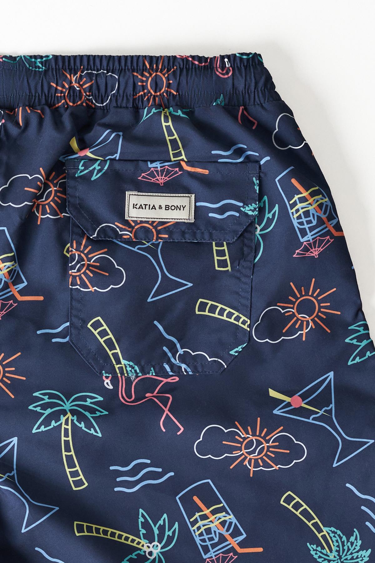 Mens Palm Patterned Swim Shorts Navy Blue