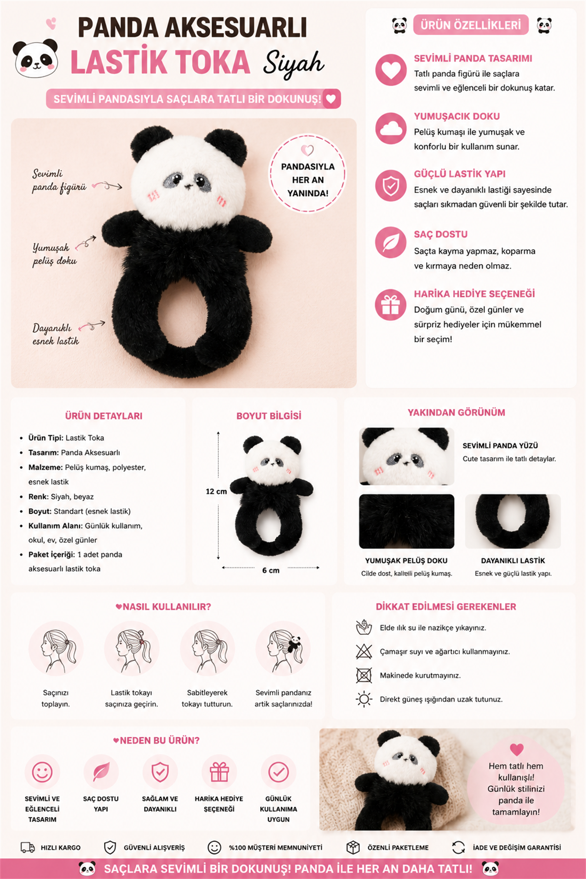 Panda Aksesuarlı Lastik Toka Siyah