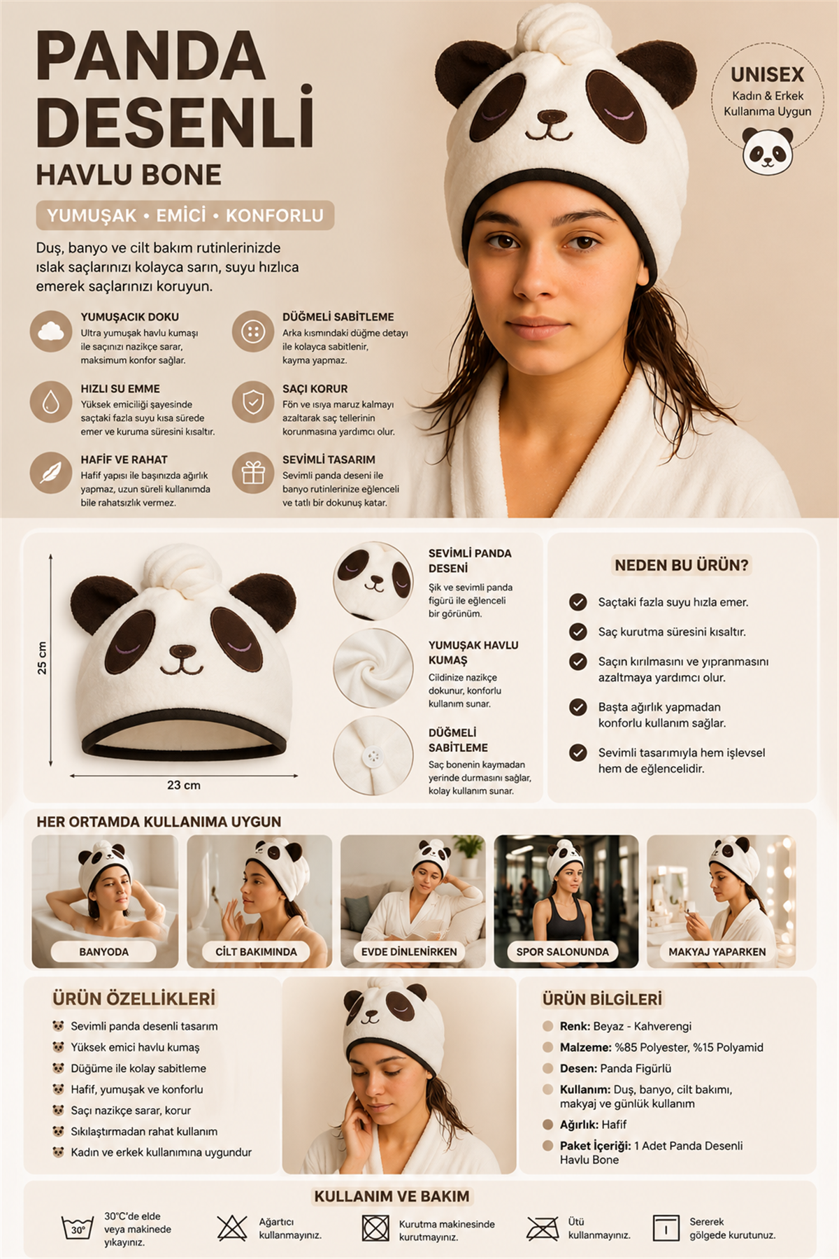 Panda Desenli Havlu Bone