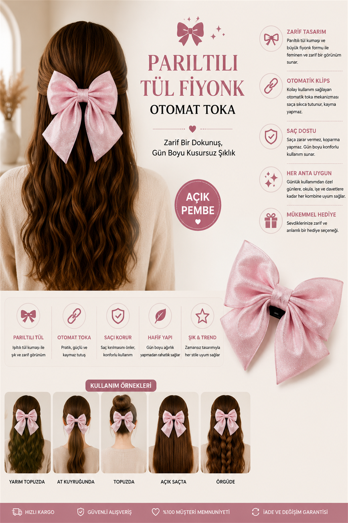 Parıltılı Tül Fiyonk Otomat Toka Açık Pembe