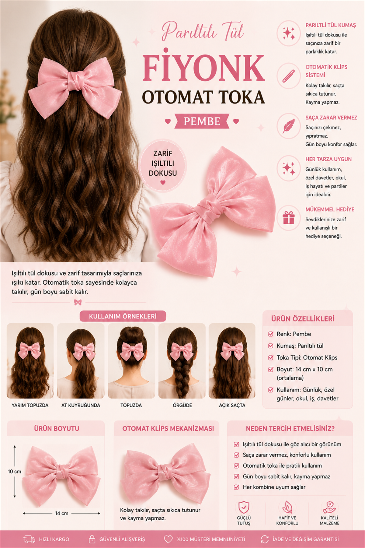 Parıltılı Tül Fiyonk Otomat Toka Pembe