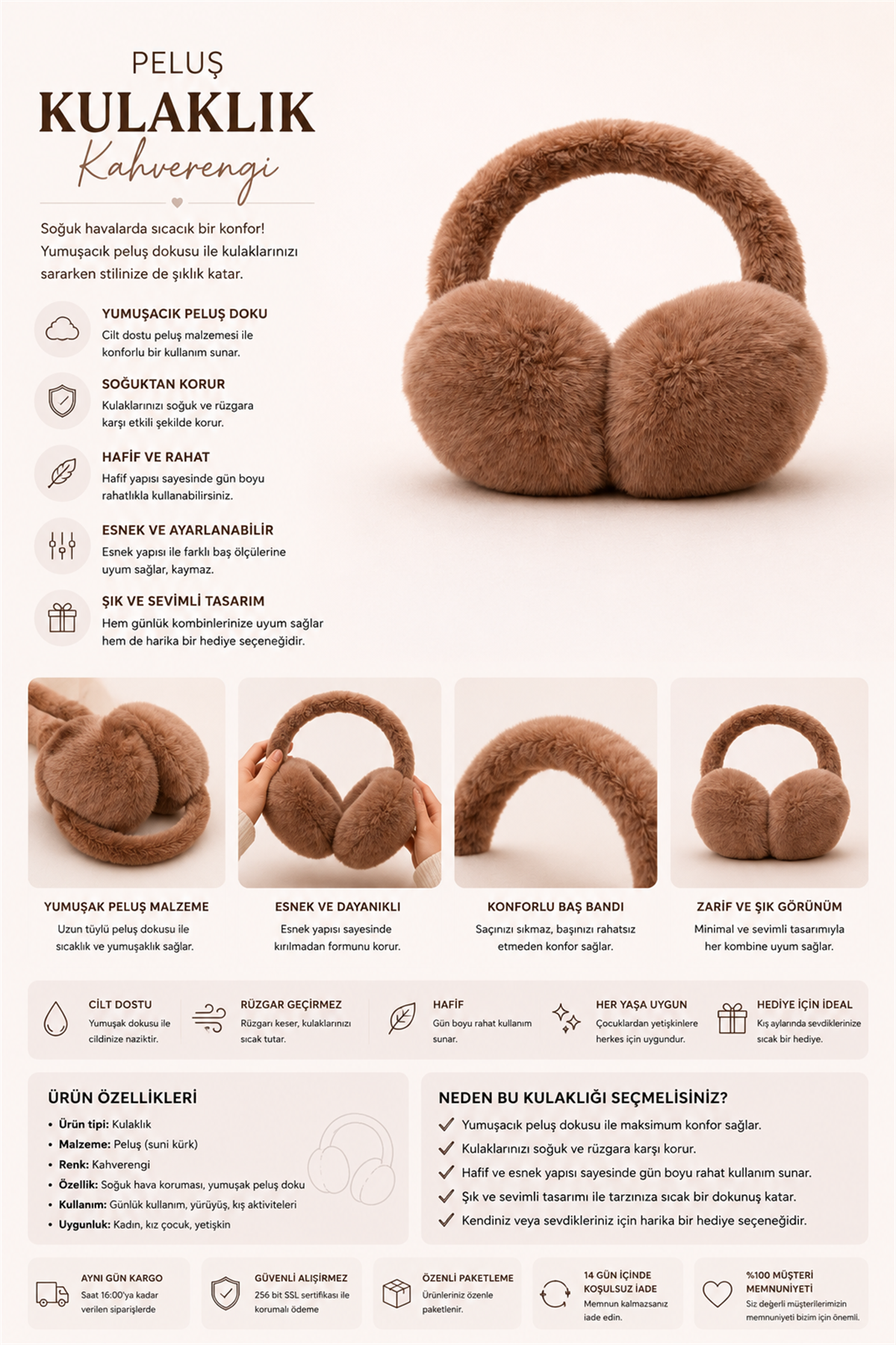 Peluş Kulaklık Kahverengi