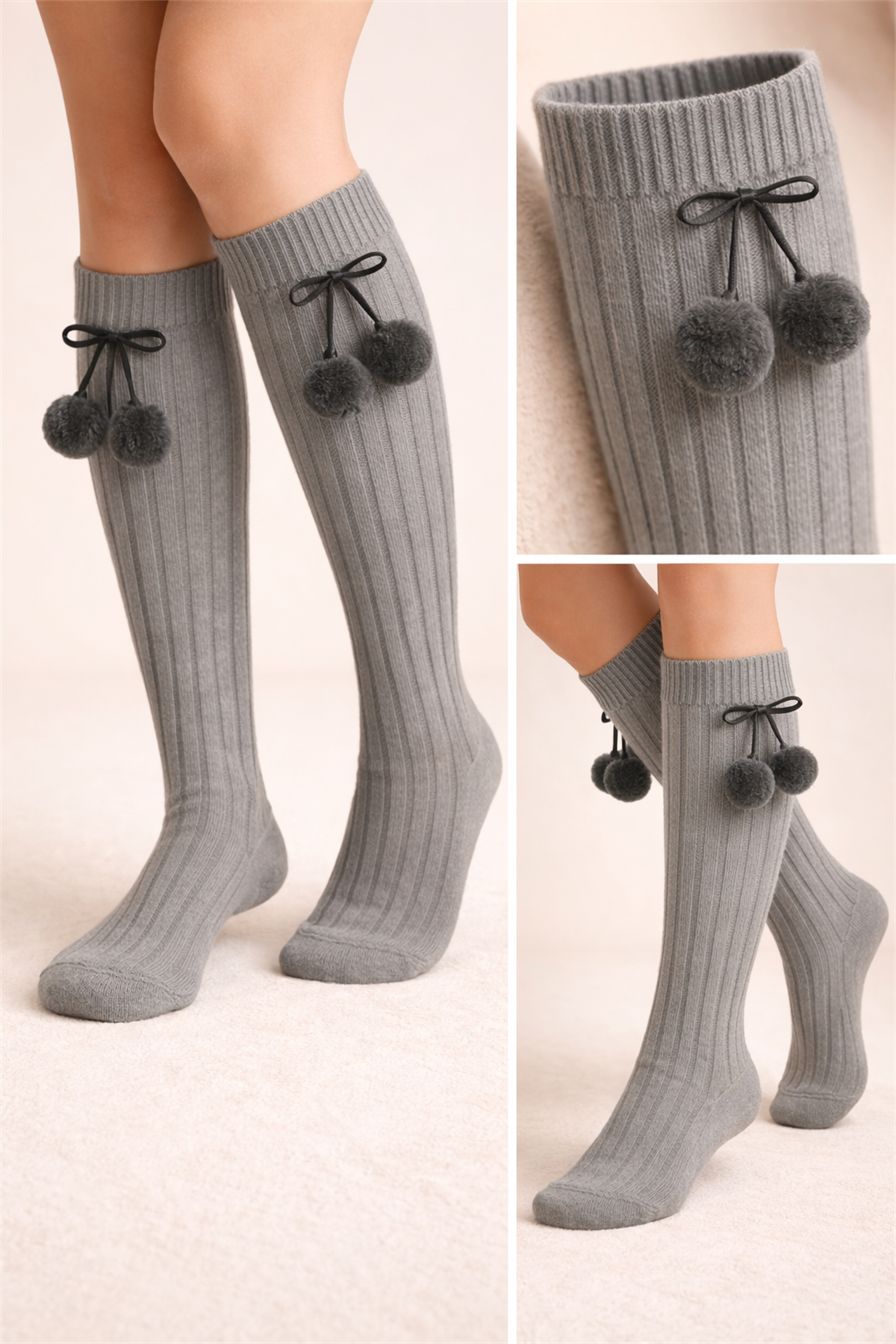 Ponpon Kız Çocuk Dizüstü Çorap Gri