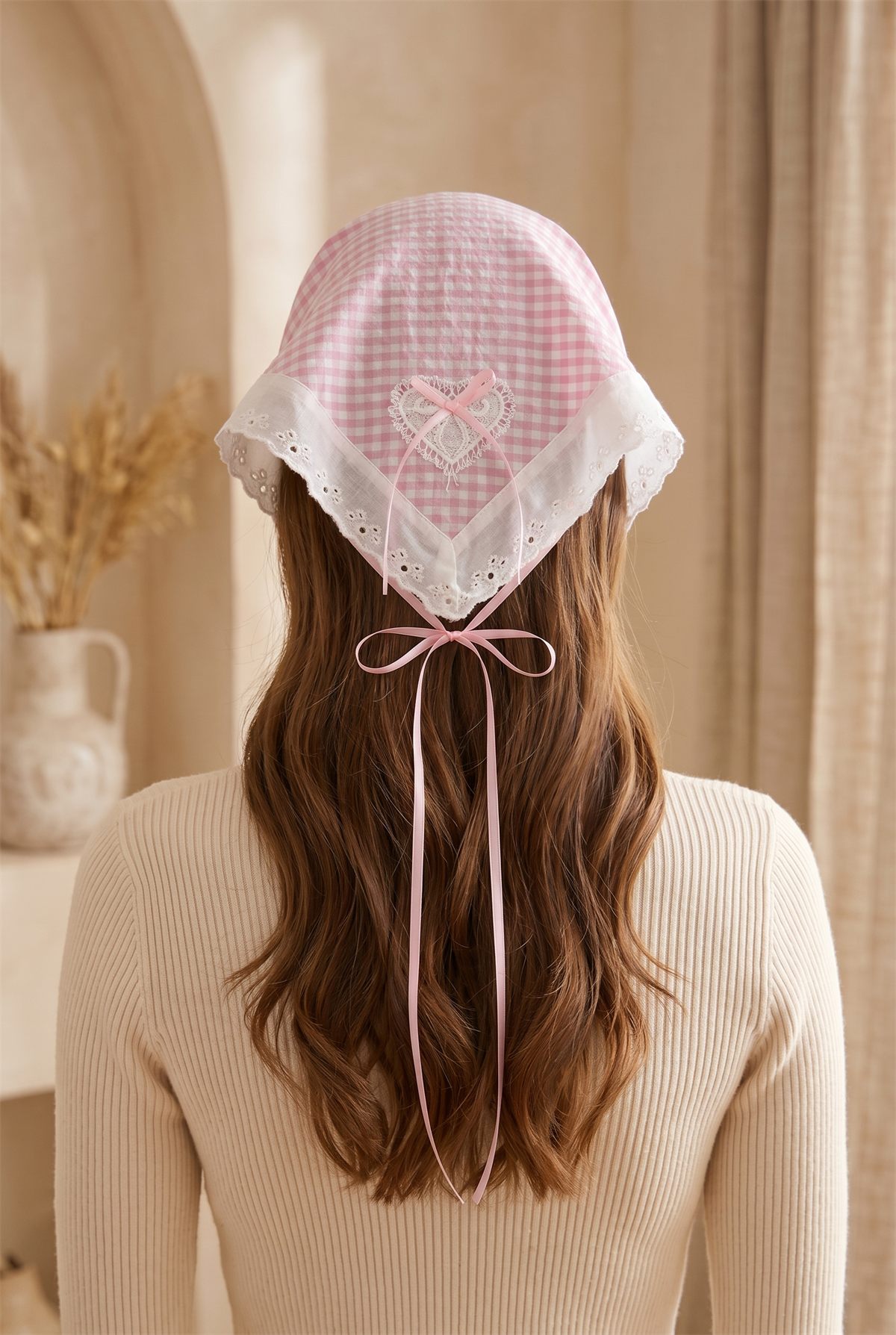 Pötikareli Dantelli Taç Şeklinde Bandana Pembe
