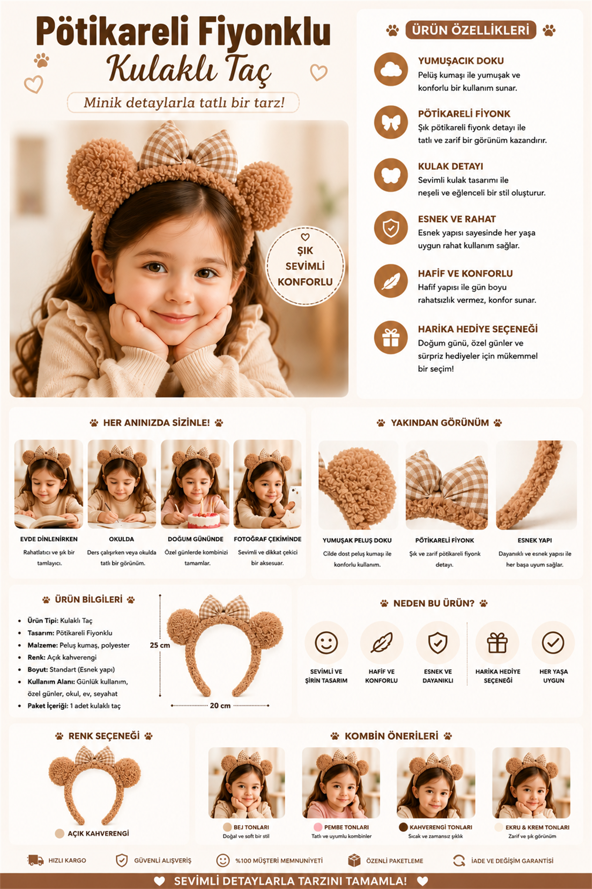 Gingham Check Bow Ear Crown Light Brown